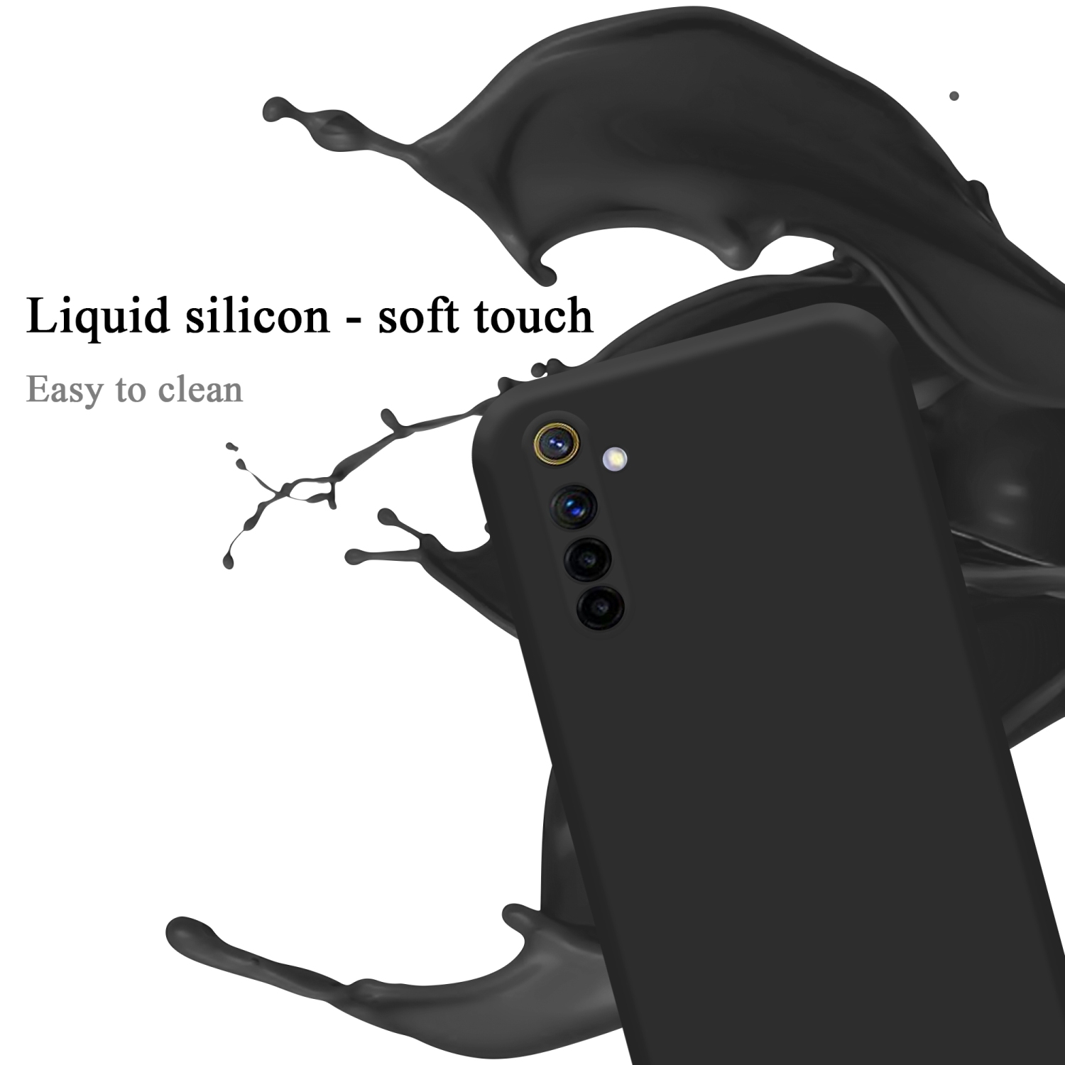 Schwarze Handyhülle mit Flüssigkeitsspritzer. Text: Flüssigsilikon - Soft Touch.