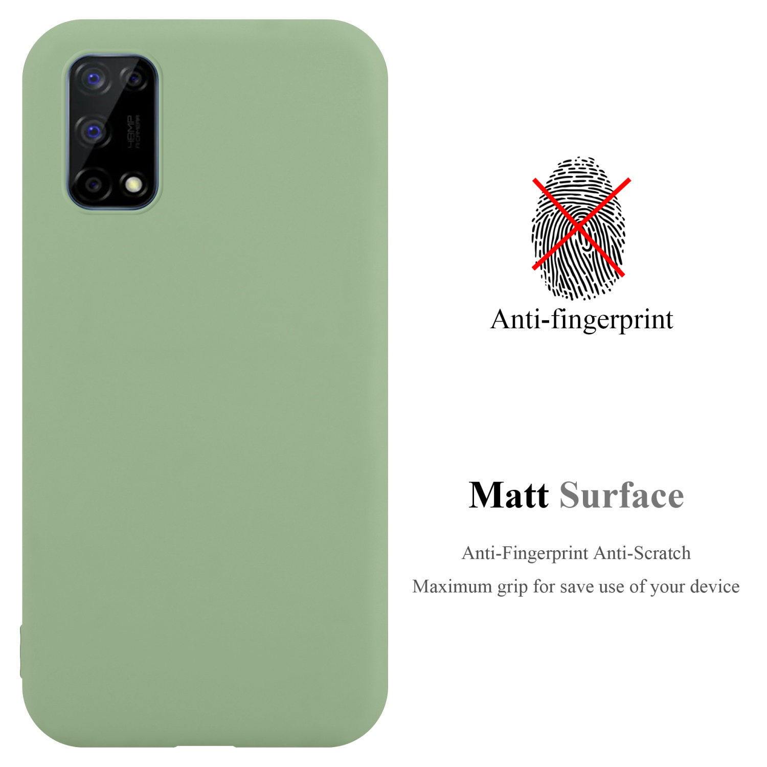 Custodia verde per telefono. Testo: anti-impronte, superficie opaca. Un'impronta digitale sbarrata.