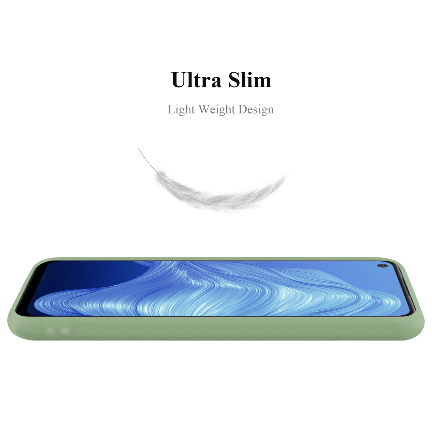 Una custodia per telefono verde, vista lateralmente. Una piuma fluttua sopra la custodia.
