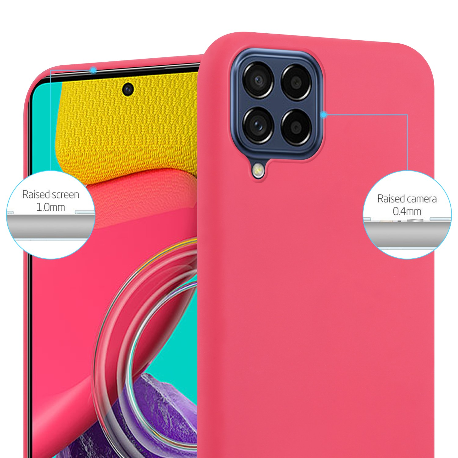 Custodia rosa per telefono con schermo e fotocamera rialzati. Le caratteristiche sono evidenziate.