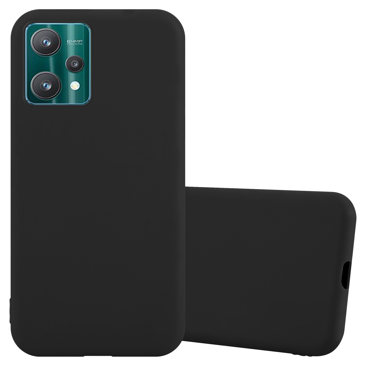 Schwarze Handyhülle mit schwarzem Telefon. Das Telefon hat drei Kameras. Die Hülle hat ein Kameraloch.