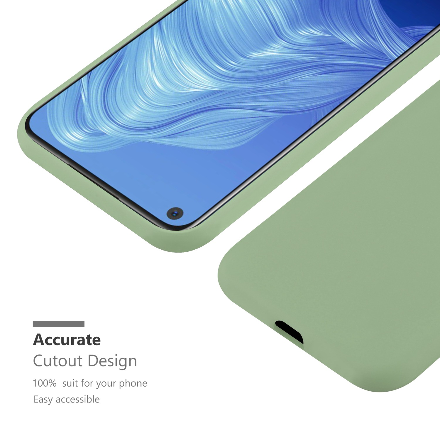 Custodia per telefono verde, con schermo del telefono. È presente anche il testo 'Accurate Cutout Design'.