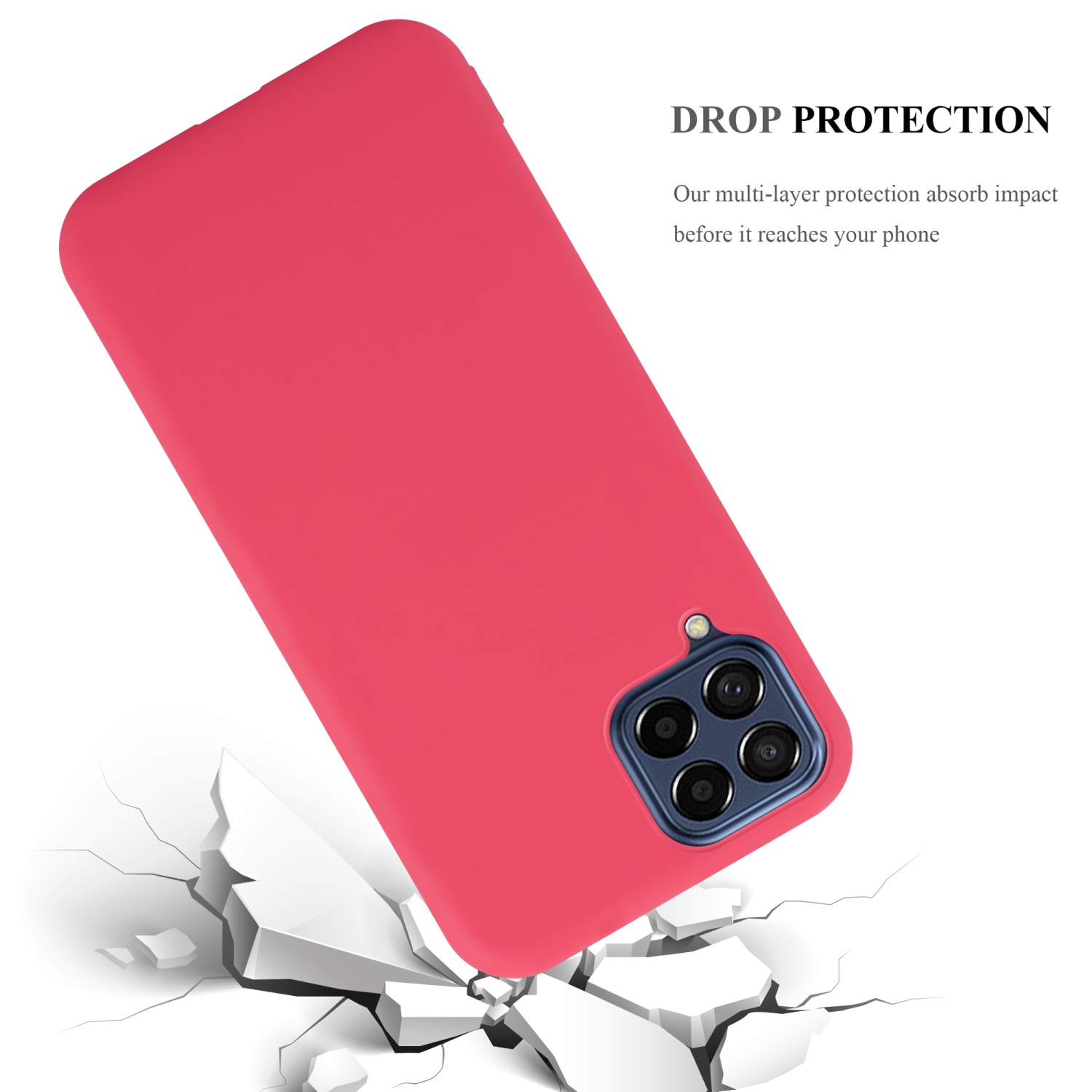 Custodia rosa per telefono che cade su terreno crepato. Fotocamera visibile. Il testo indica protezione dalle cadute.
