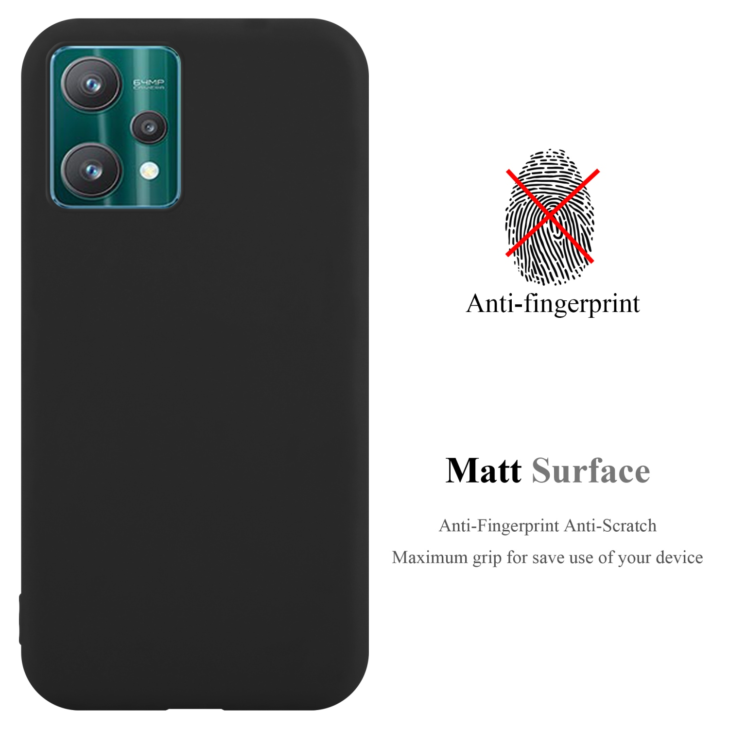 Schwarze Handyhülle mit 'Matt Surface'-Text und Fingerabdruckgrafik.