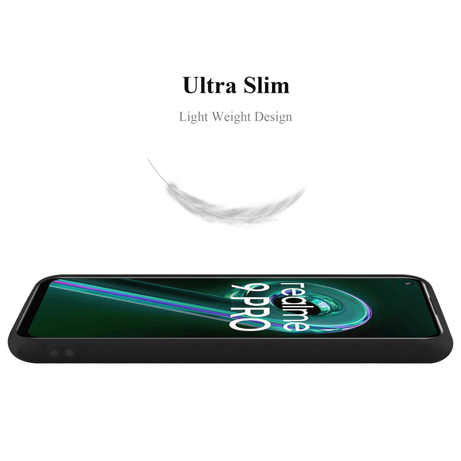 Schwarze Handyhülle mit einem Telefon. Eine Federgrafik ist über dem Telefon abgebildet.