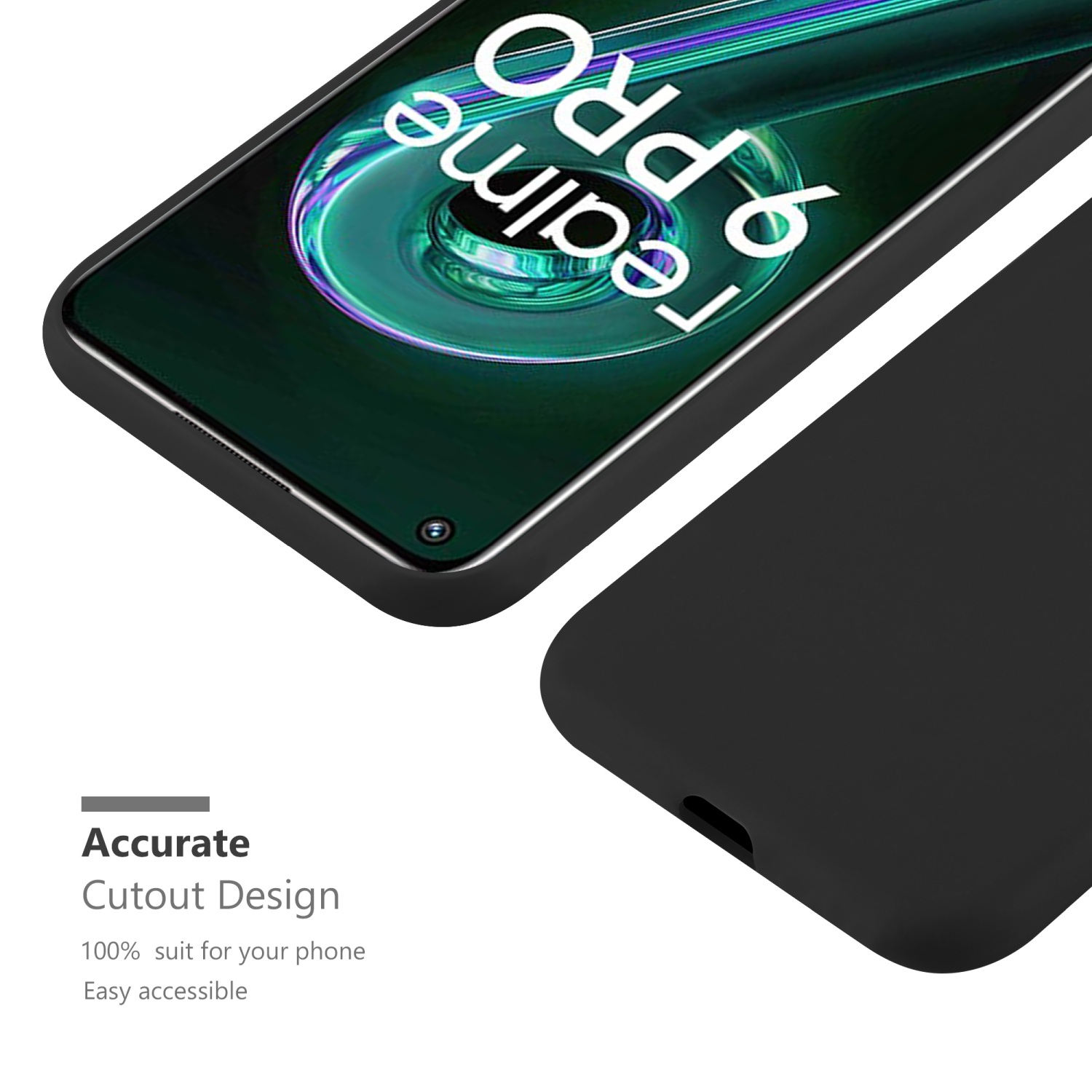 Schwarze Handyhülle mit Handybildschirm. Das Telefon zeigt das Realme 9 Pro Logo.