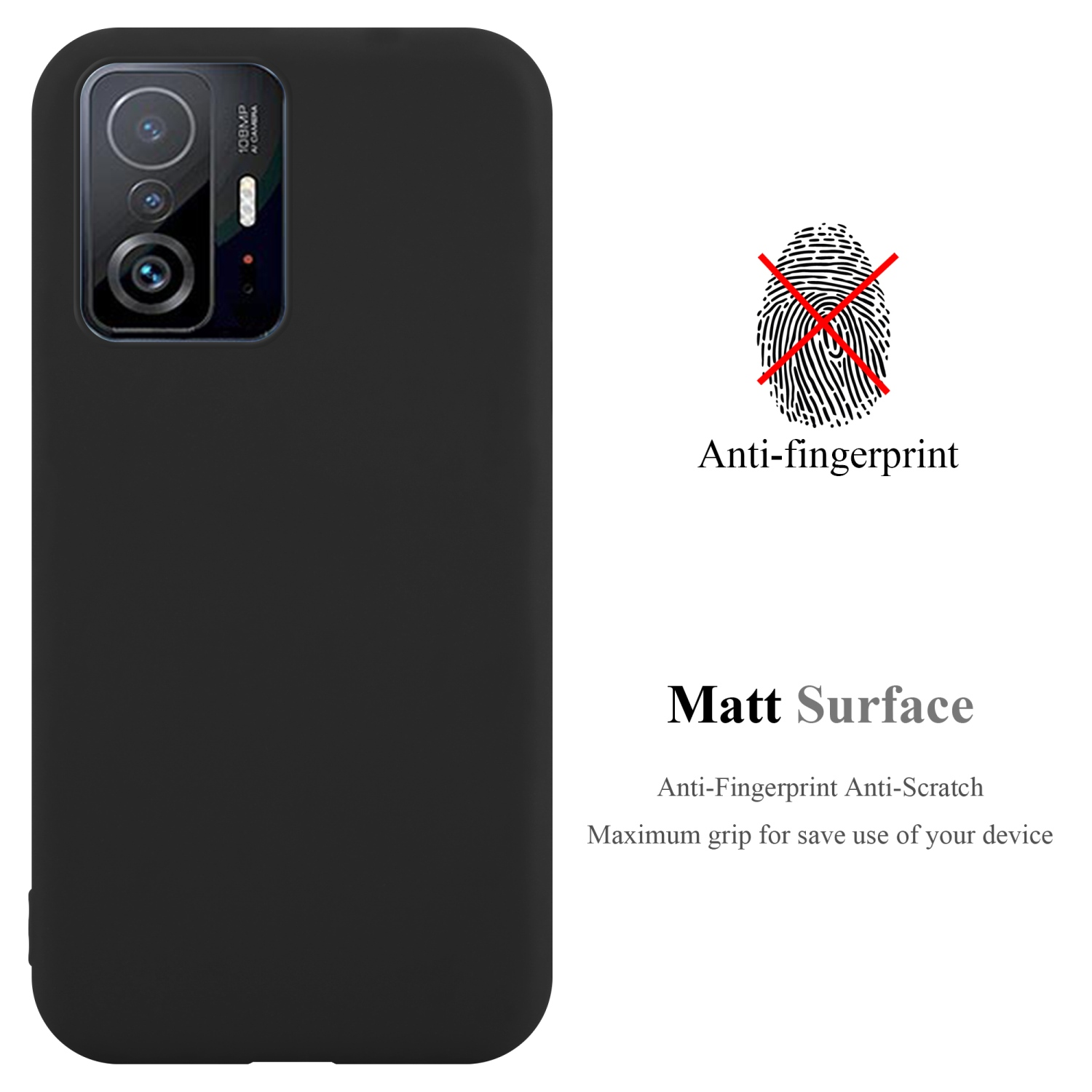 Schwarze Handyhülle mit Telefon, Fingerabdrucksymbol mit Kreuz.
