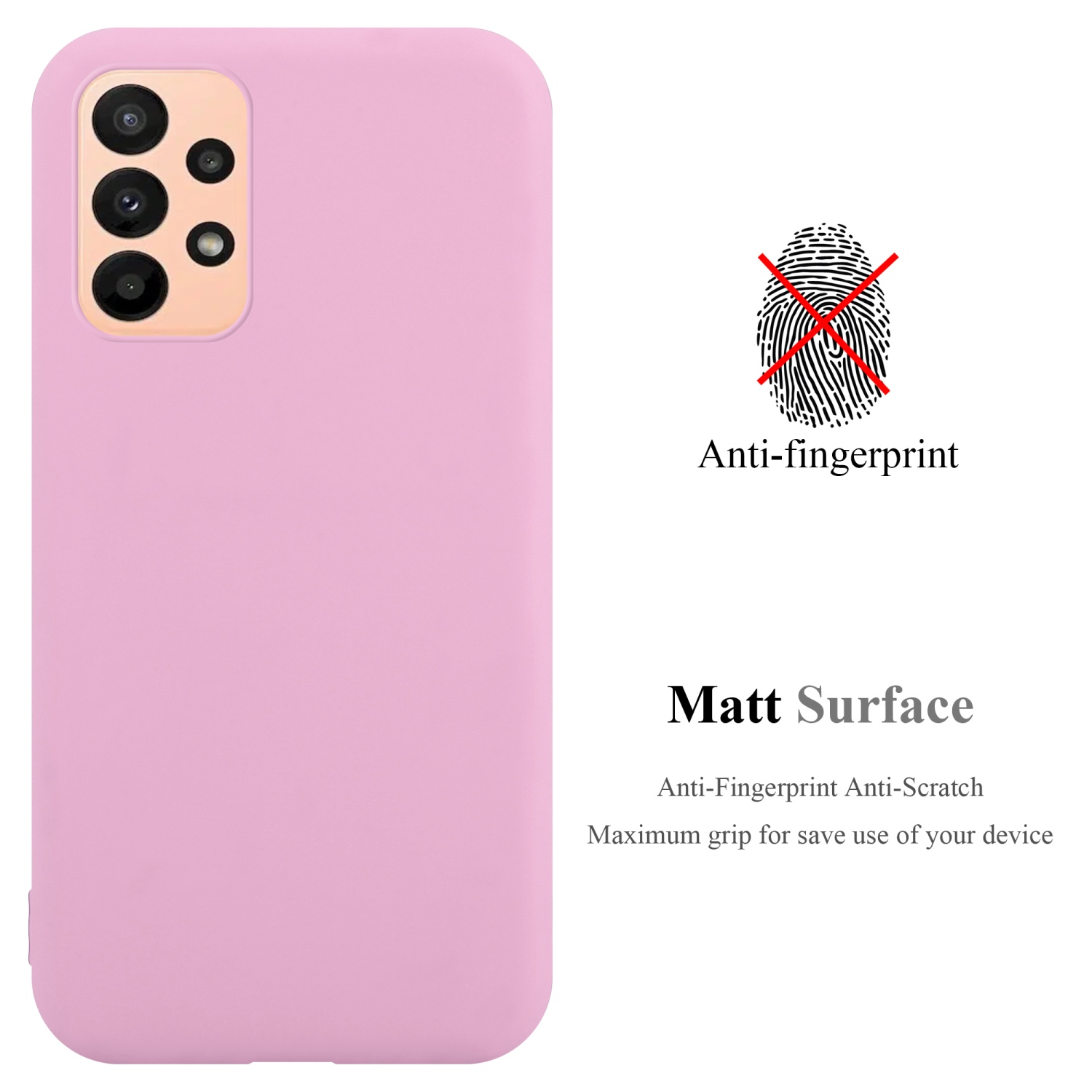 Custodia per telefono rosa, la superficie è anti-impronta e antigraffio. C'è un testo a riguardo.