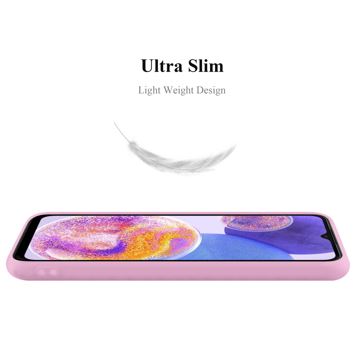 Custodia per telefono rosa, design leggero, con una grafica a forma di piuma. La custodia è su sfondo bianco.