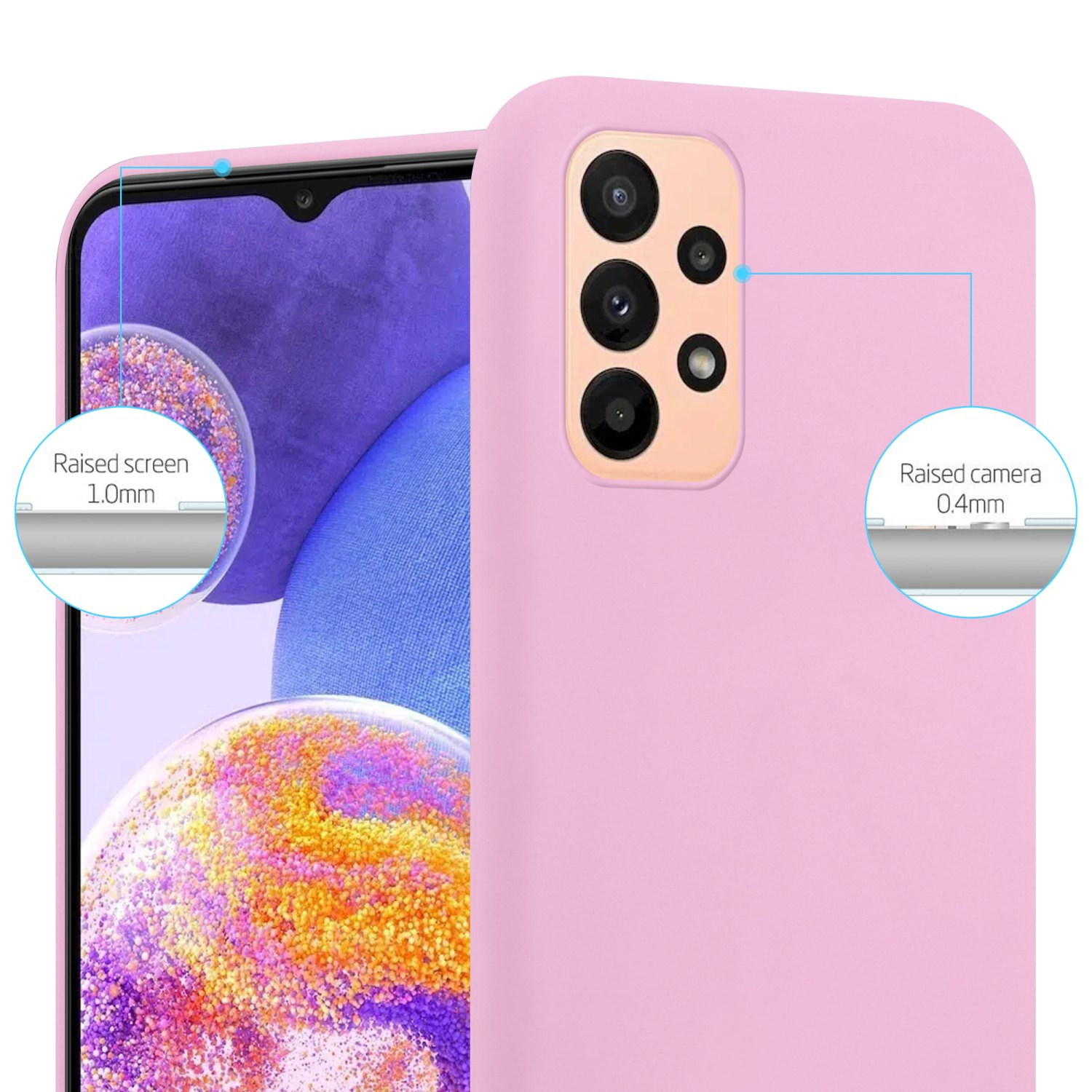 Una custodia per telefono rosa con un telefono all'interno. La custodia mostra i dettagli di protezione dello schermo e della fotocamera rialzati.