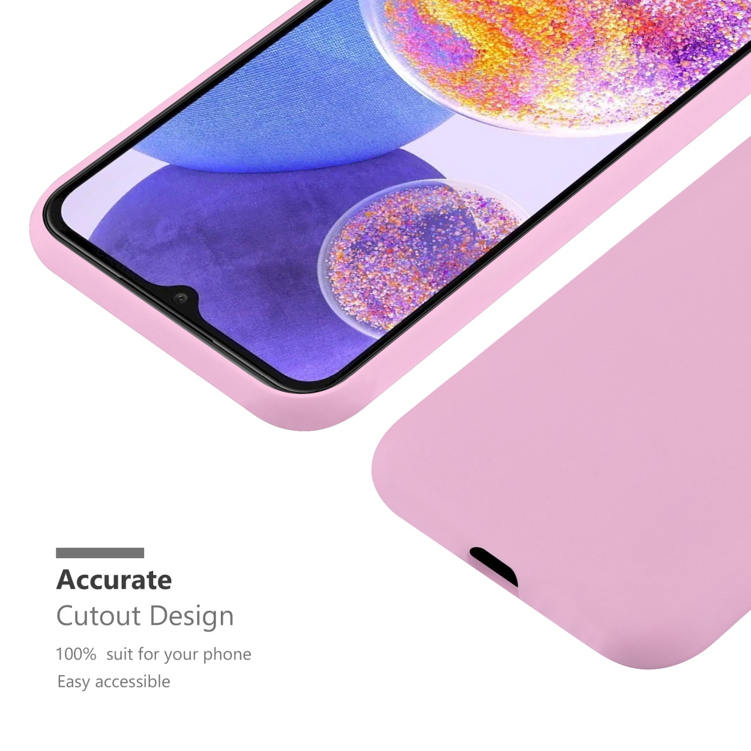 Custodia per telefono rosa con un telefono all'interno. Lo schermo del telefono è visibile.