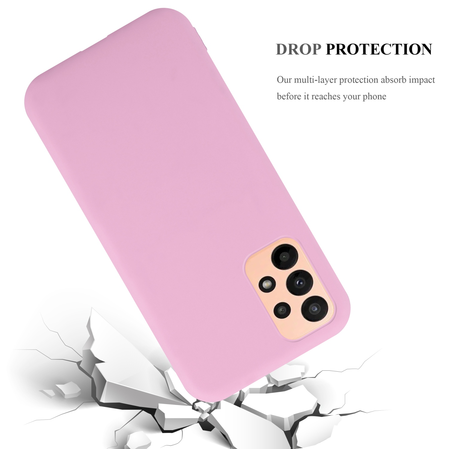 Custodia rosa per telefono che cade su una superficie incrinata. Testo: 'DROP PROTECTION'. Telefono con fotocamere. Sfondo bianco.