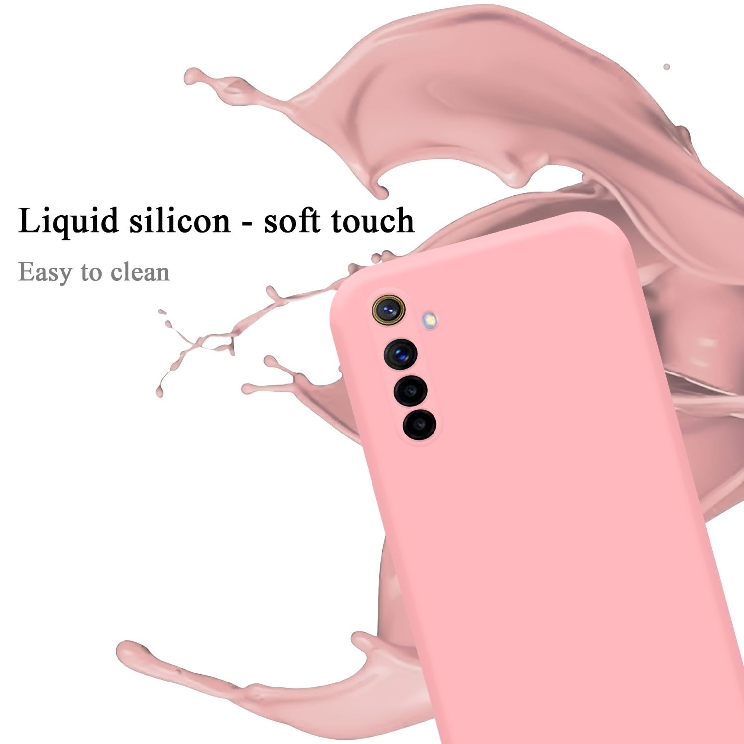 Eine rosa Handyhülle mit Kameraanordnung. Rosa Flüssigkeitsspritzer im Hintergrund auf weißem Untergrund.
