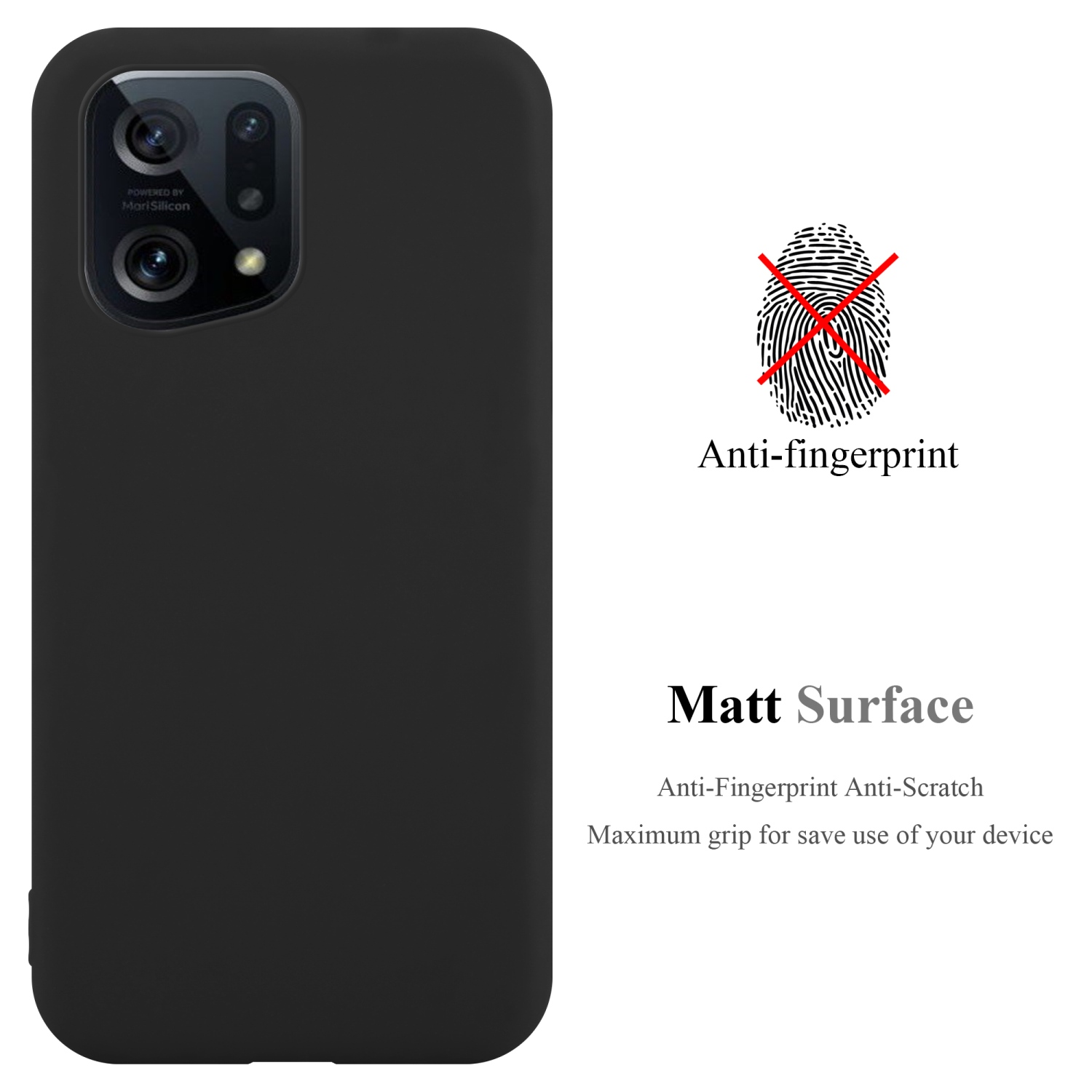 Schwarze Handyhülle mit Kamera. Fingerabdrucksymbol mit rotem X und den Worten 'Matt Surface'.