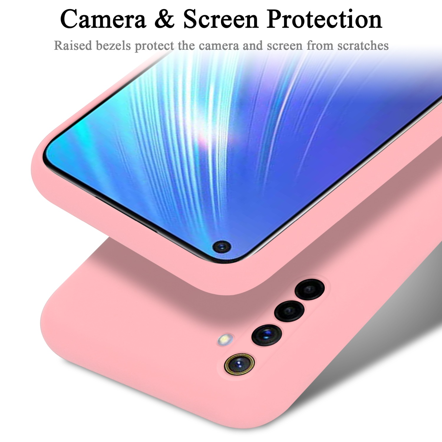 Rosa Handyhülle mit Telefon. Erhöhte Blenden schützen Bildschirm und Kamera.