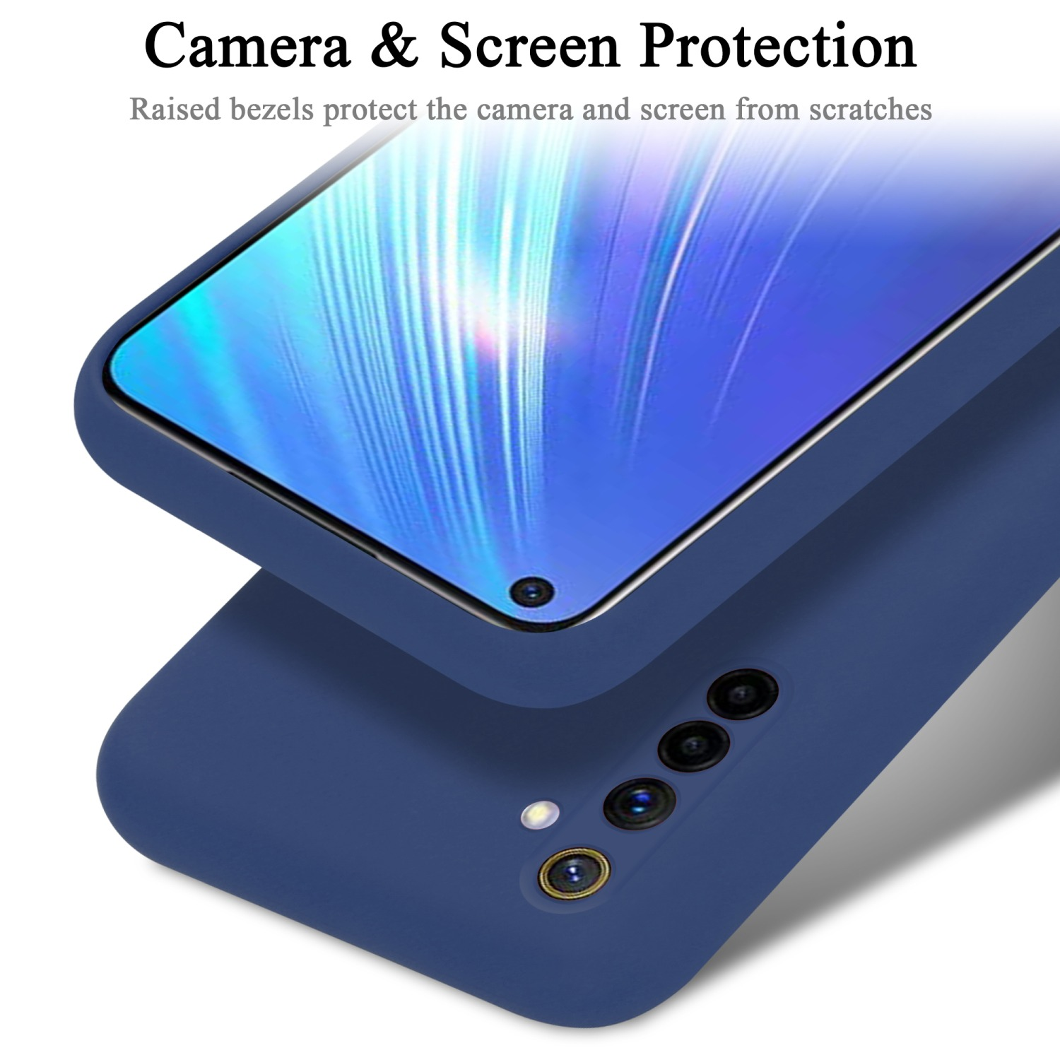 Custodia per telefono blu con protezione schermo e fotocamera. Custodia per telefono sopra il telefono.