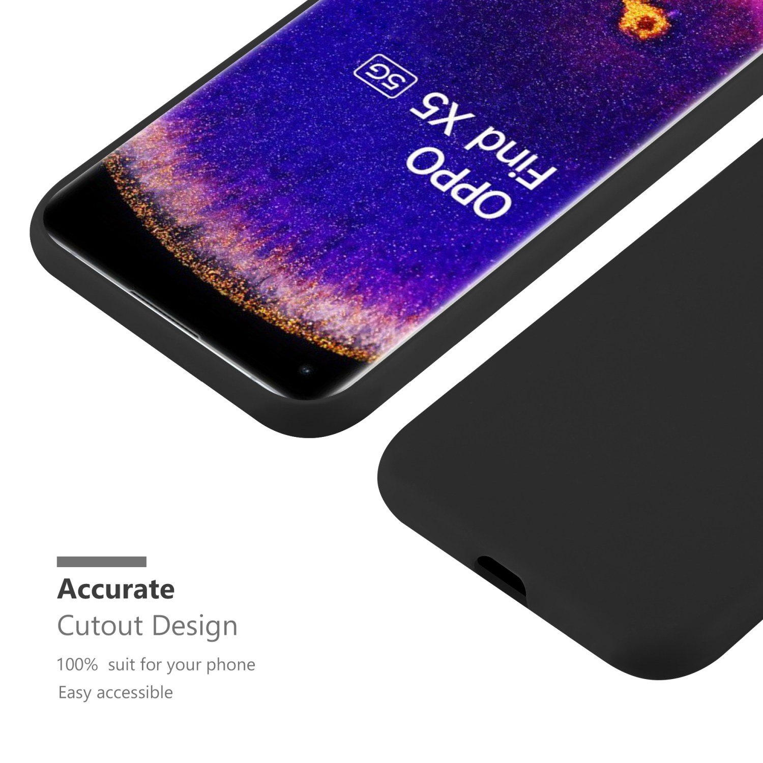 Schwarze Handyhülle. OPPO Find X5 5G steht auf dem Bildschirm. Aussparungsdesign.