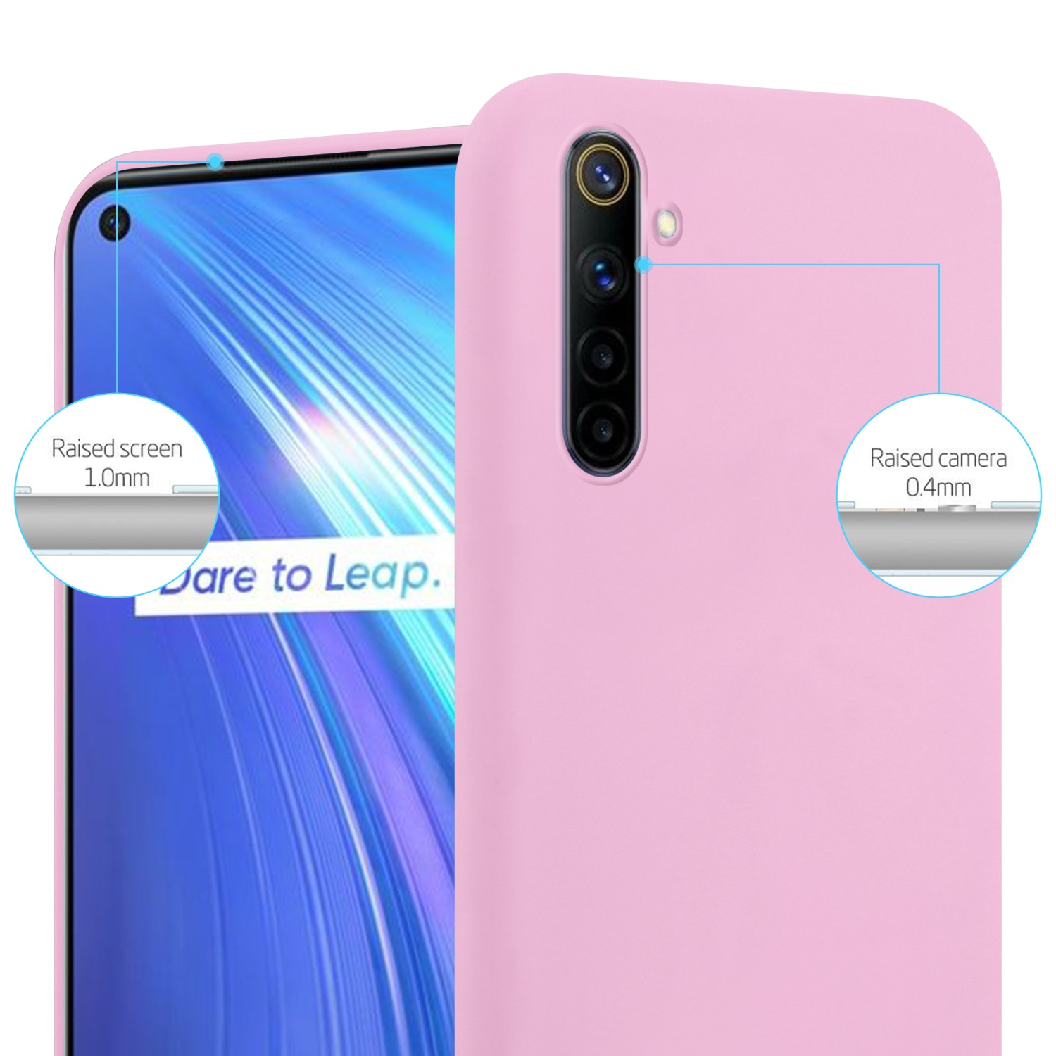 Rosa Handyhülle mit Telefon. Bildschirm und Kamera sind mit Messungen beschriftet.
