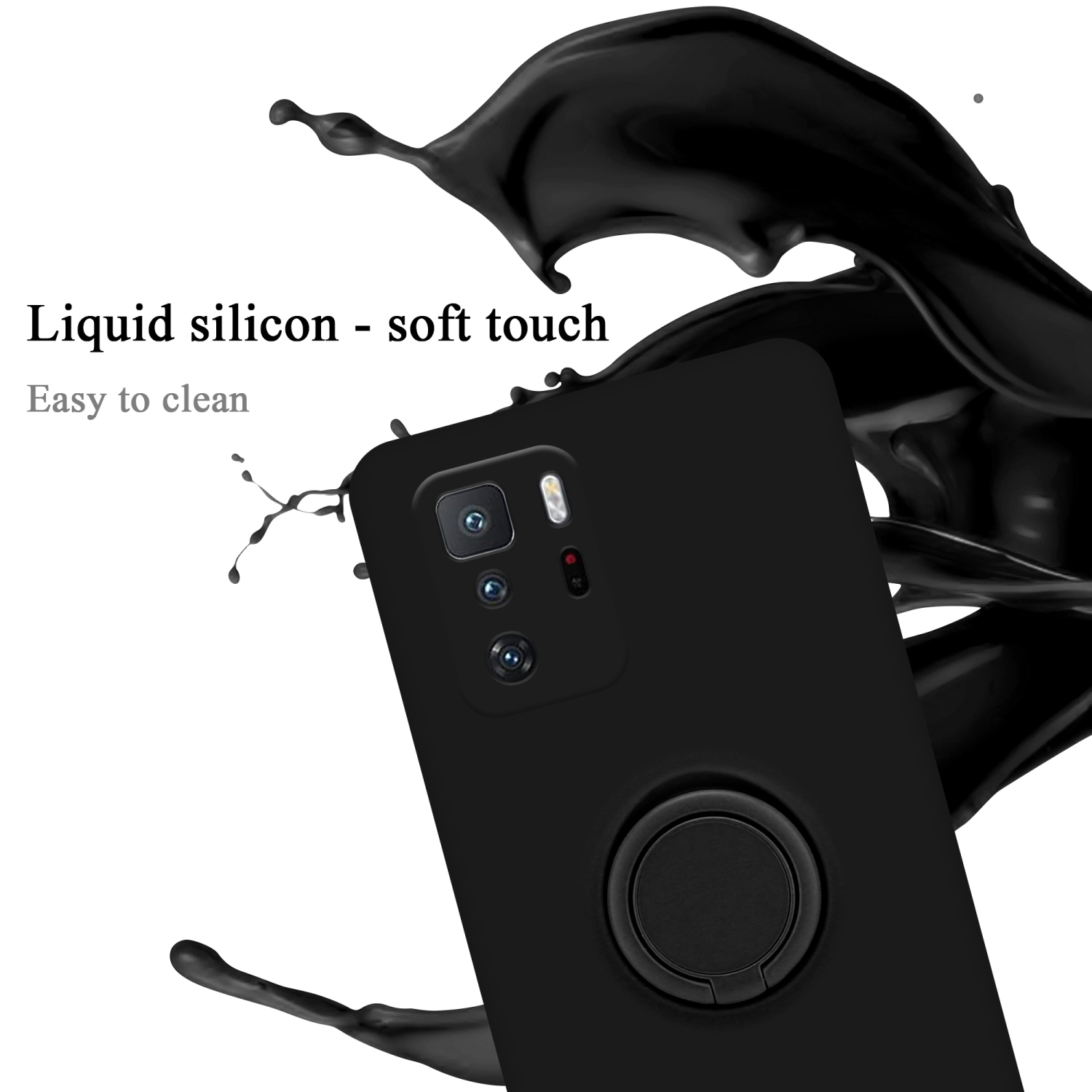 Schwarze Handyhülle mit schwarzem Telefon und einem Spritzer schwarzer Flüssigkeit. Ringhalter.