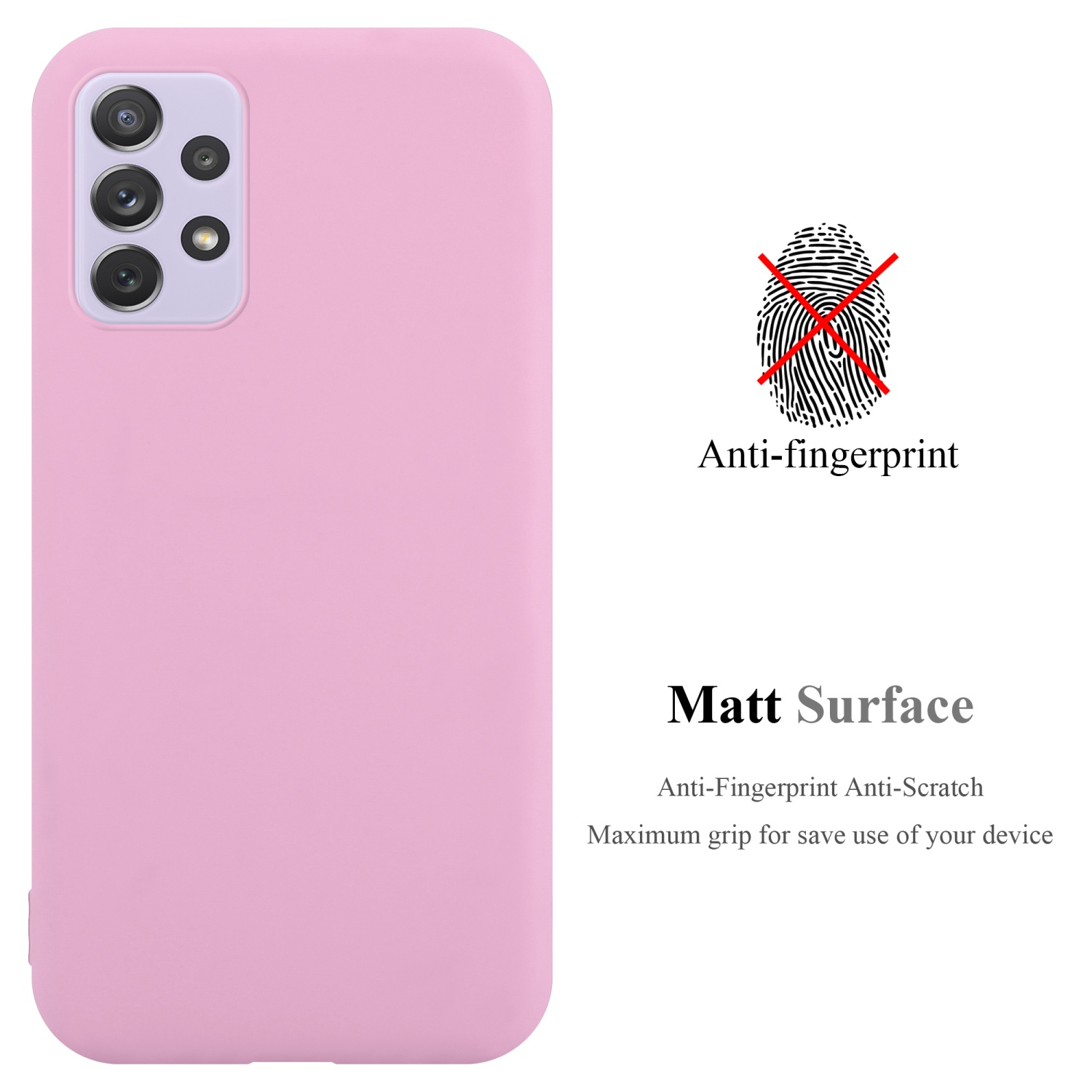Custodia rosa per telefono con telefono e il testo 'Anti-impronte' e 'Superficie opaca'.