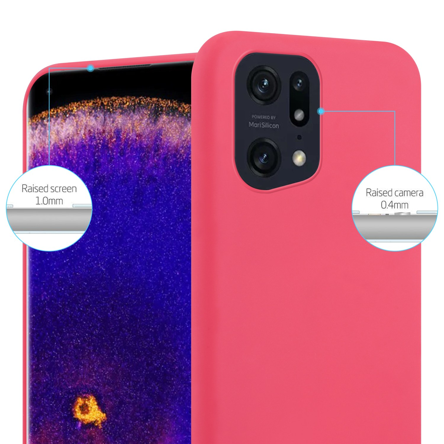Una custodia per telefono rosa con schermo e fotocamera rialzati viene mostrata, con etichette che indicano le misure.