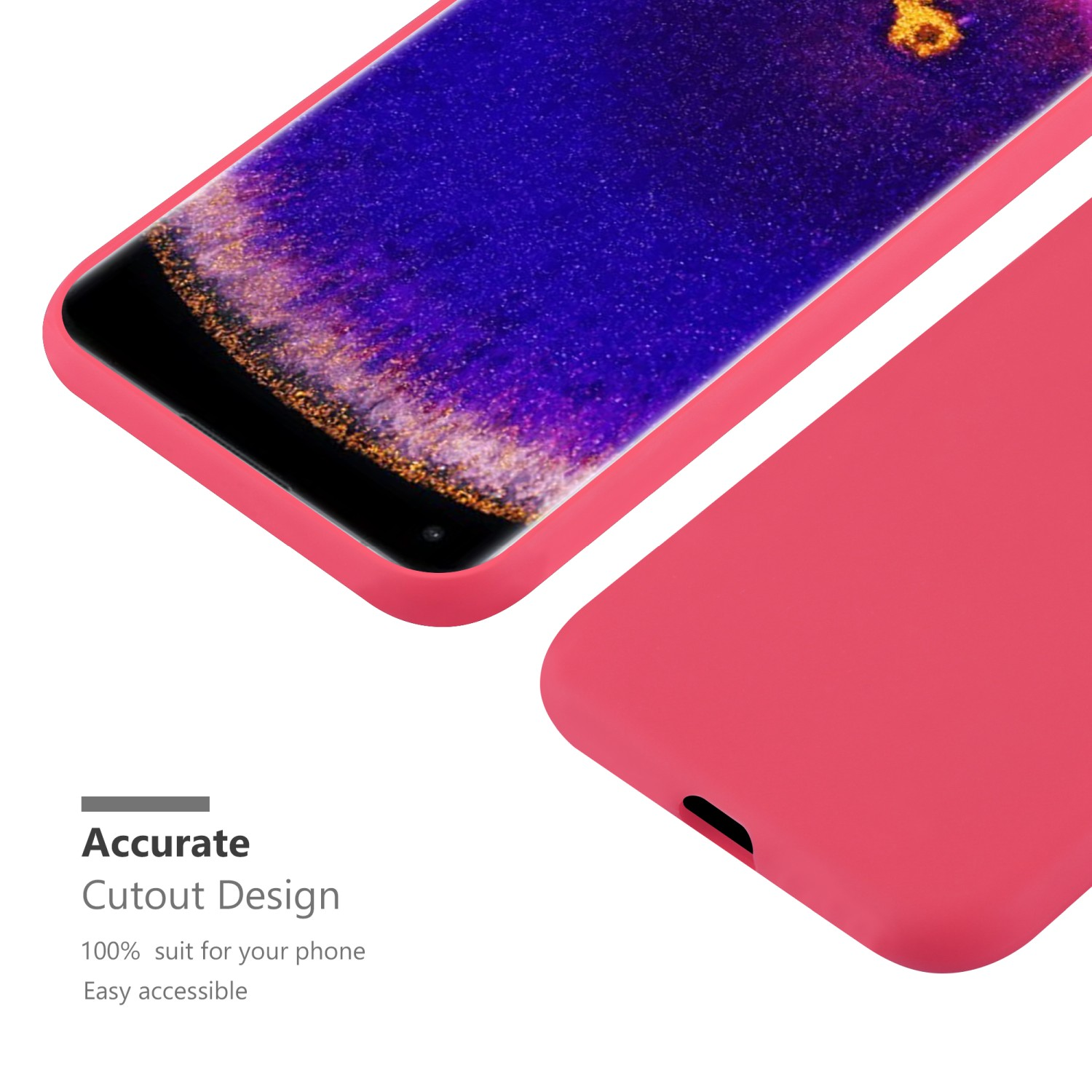 Primo piano di una custodia rossa con telefono e testo 'Accurate Cutout Design'.
