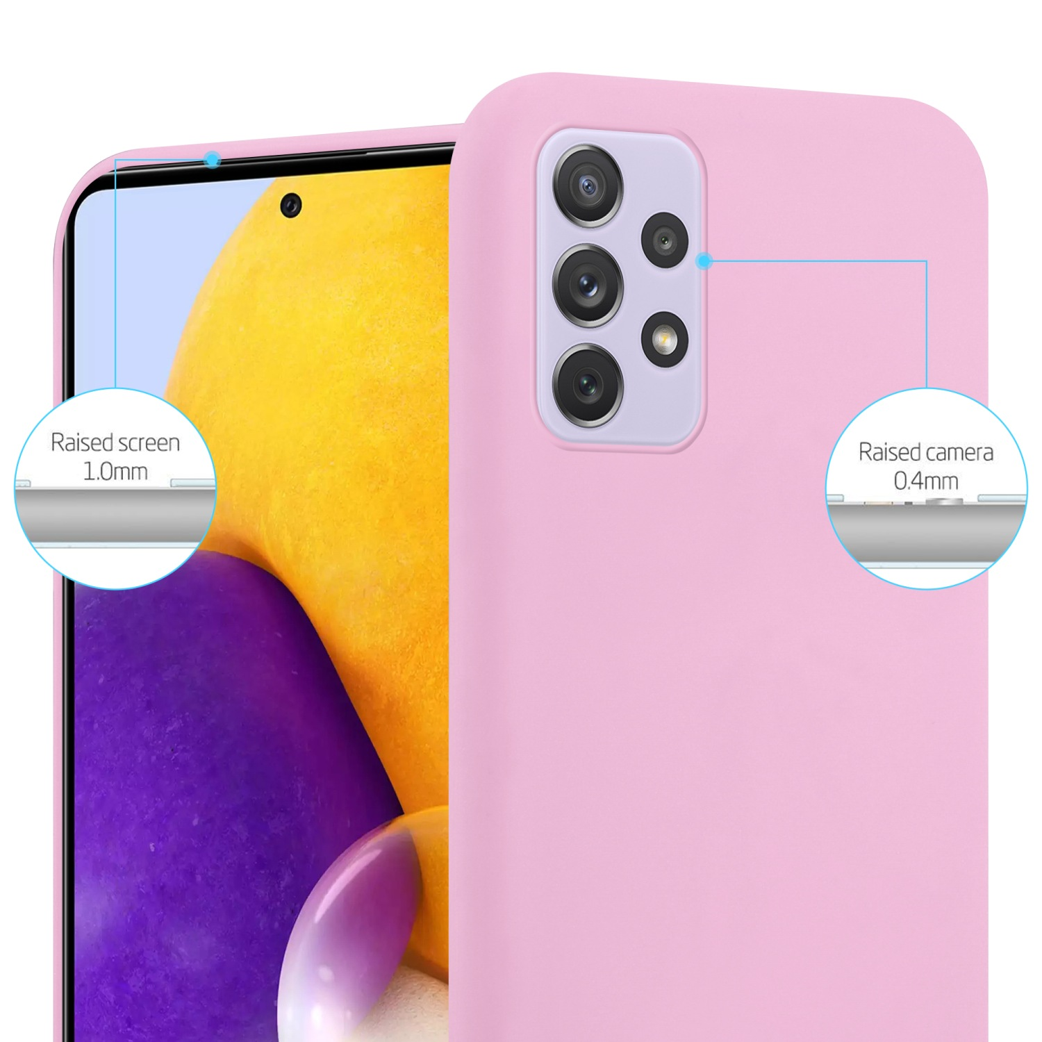 Custodia rosa, che mostra il retro con la fotocamera e lo schermo rialzato.