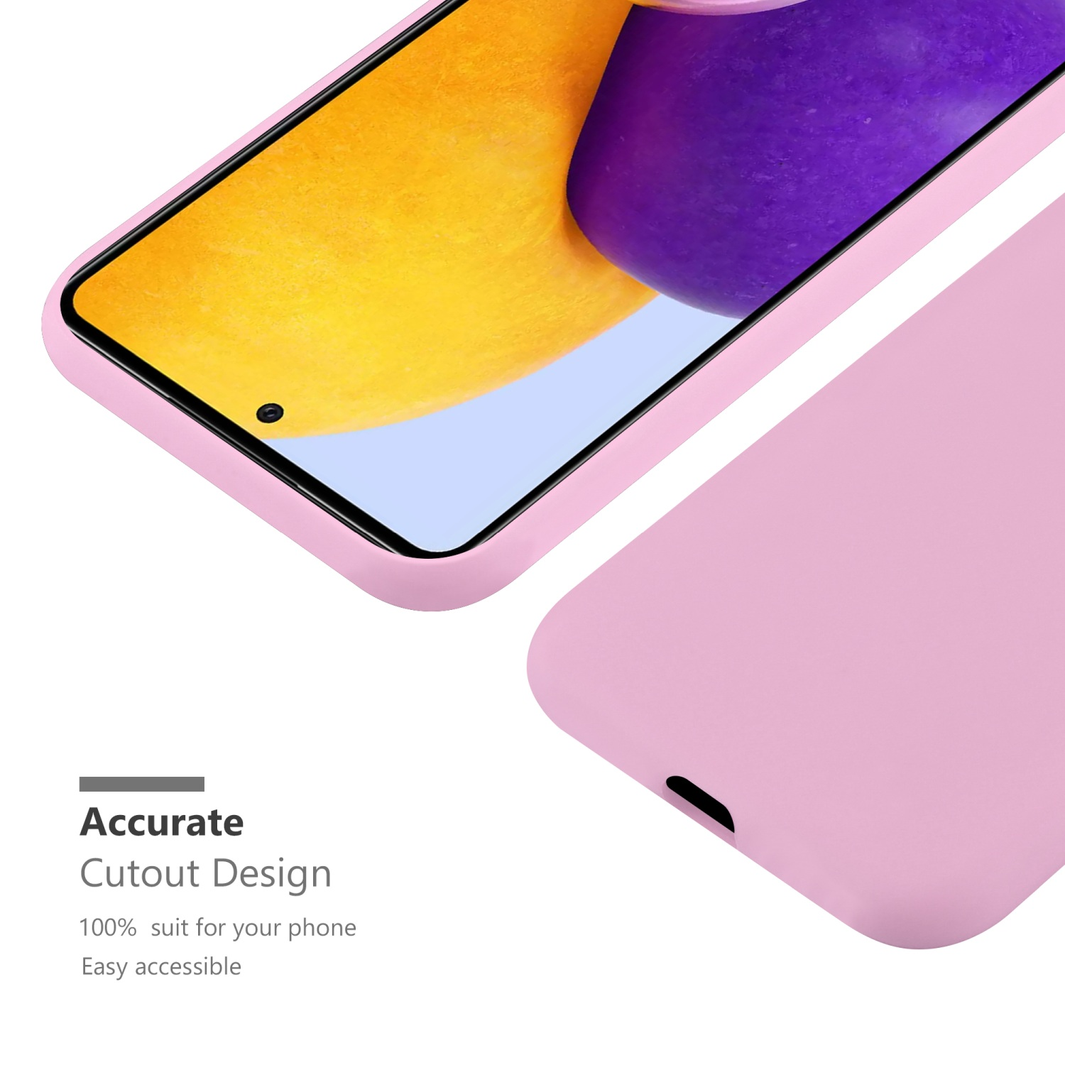 Custodia rosa per telefono. Lo schermo del telefono mostra uno sfondo viola. La custodia è mostrata separatamente. Il design è preciso.