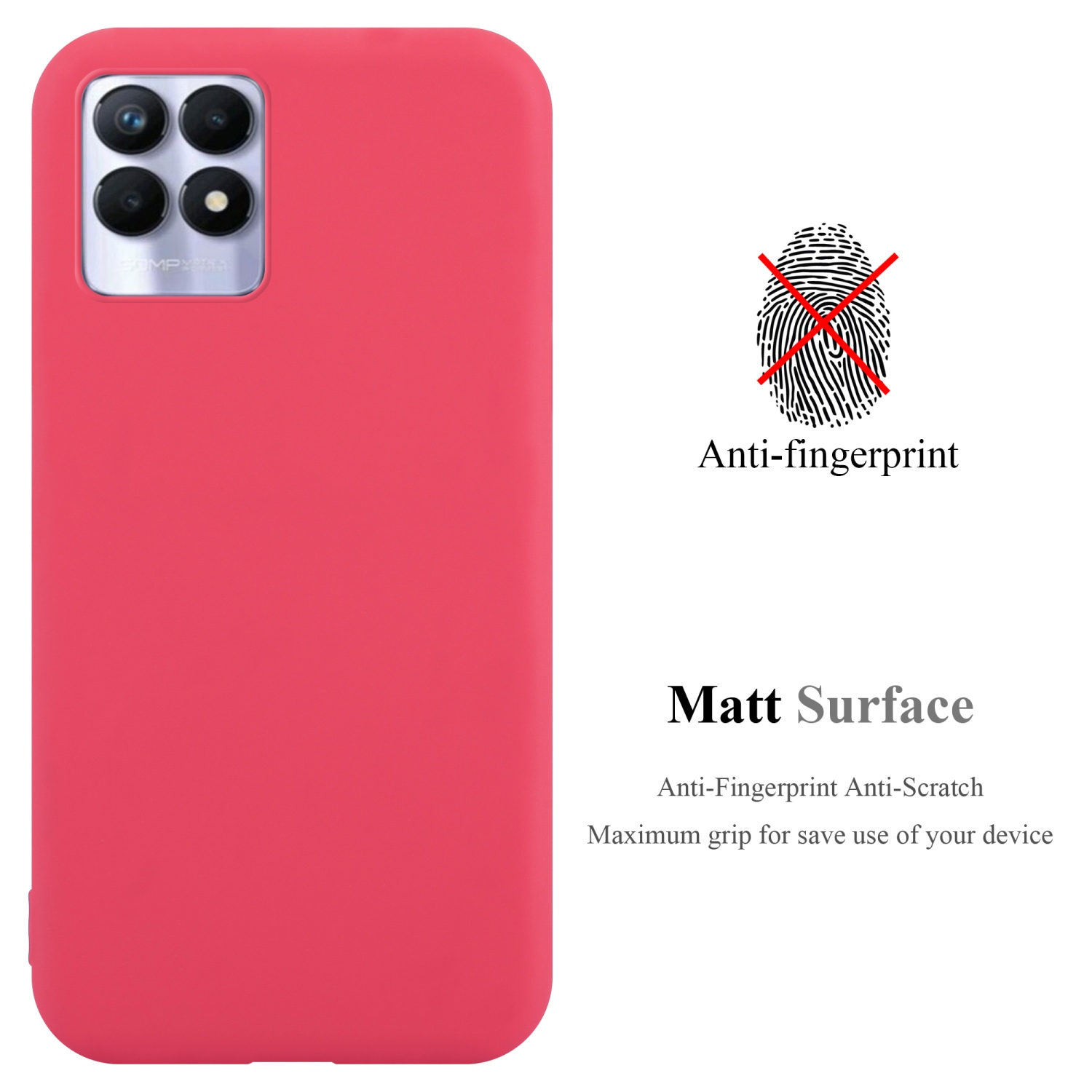 Rote Handyhülle mit Kamera und Anti-Fingerabdruck. Zeigt eine rote Handyhülle mit Kamera und Anti-Fingerabdruck-Symbol.