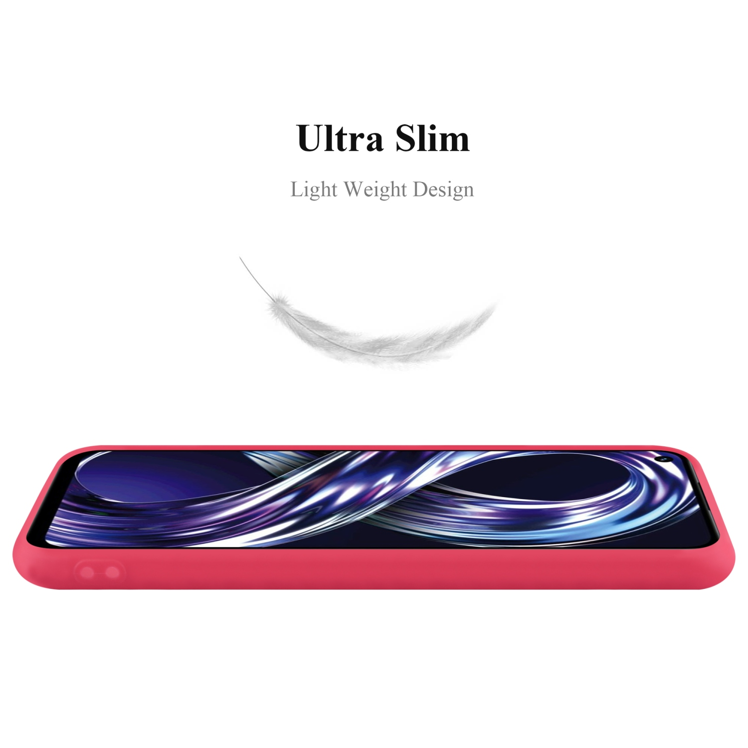 Rote Handyhülle mit Telefon. Text: Ultra Slim, Light Weight Design. Telefon ist in der Hülle.