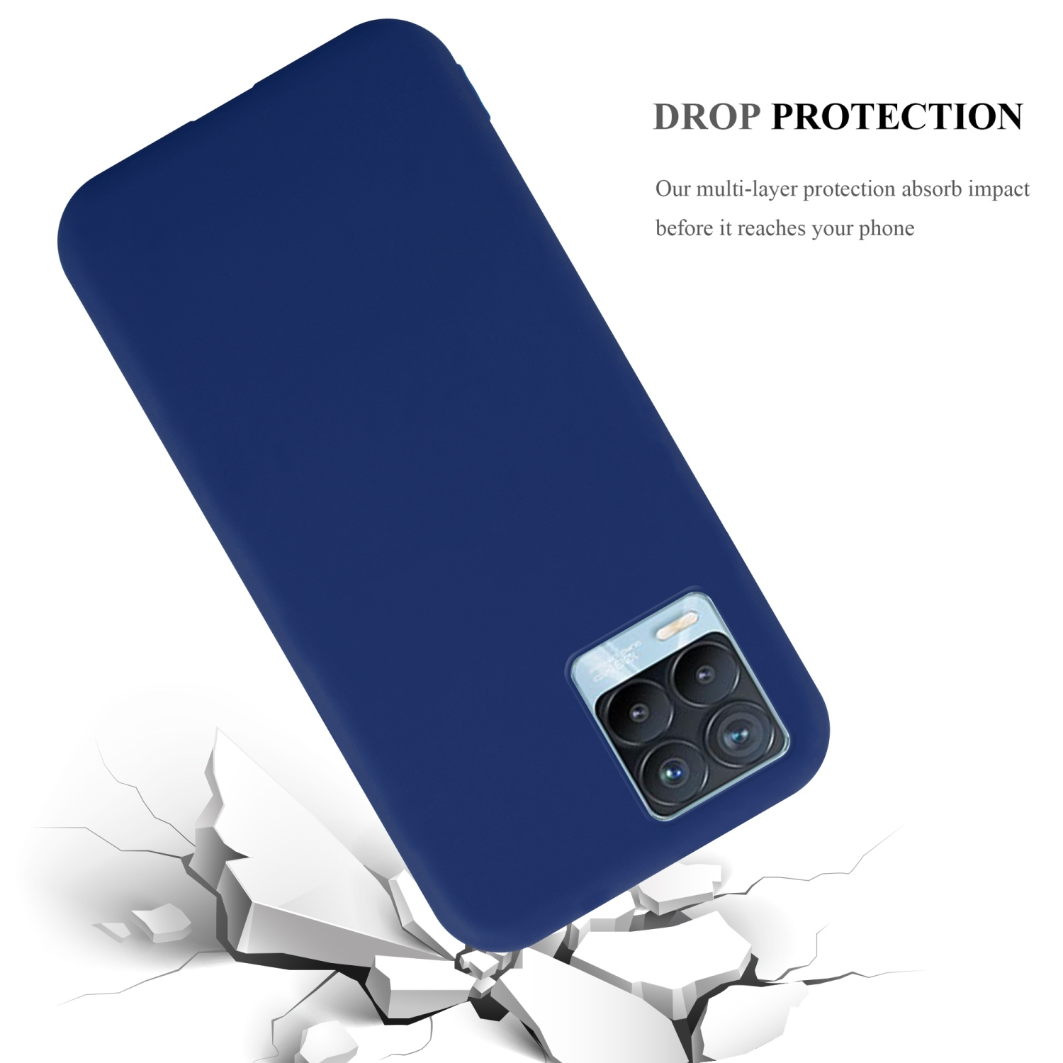 Eine blaue Handyhülle mit einem stürzenden Telefon, das den Boden aufbricht. Text: STURZSCHUTZ, absorbiert Stöße.