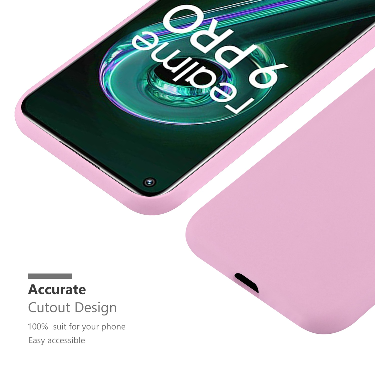 Pinke Handyhülle mit Telefon. Es hat ein präzises Ausschnittdesign für das Telefon.
