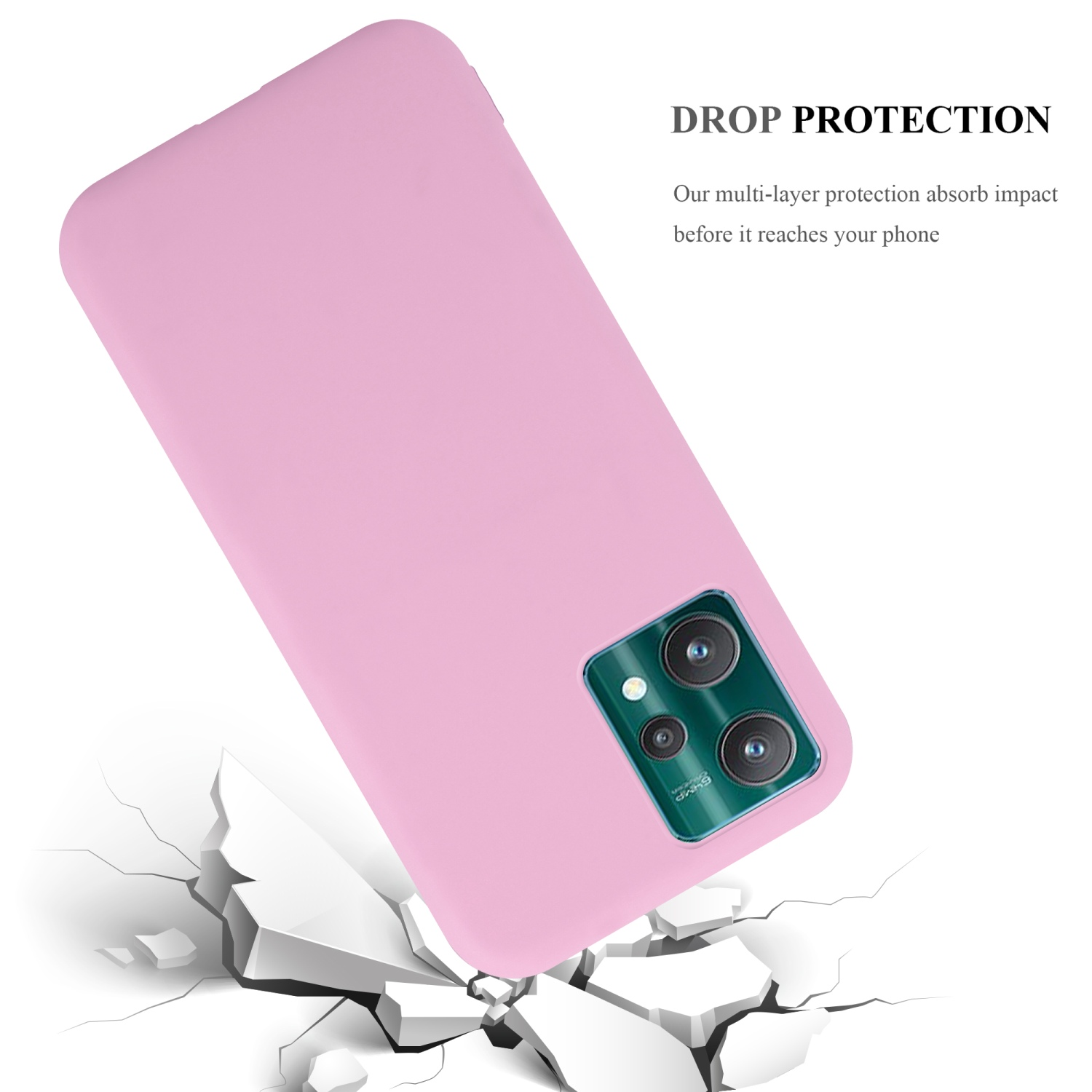Rosa Handyhülle fällt zu Boden, zeigt Fallschutz. Absorbiert Aufprall, bevor er das Telefon erreicht.