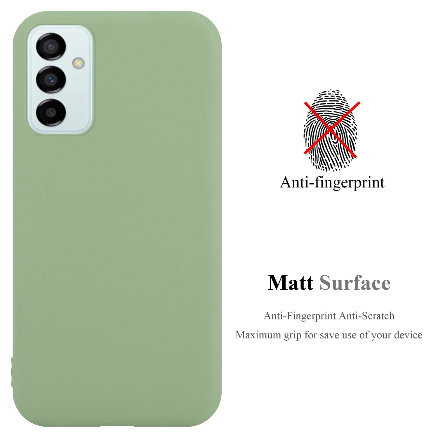 Custodia per telefono verde. Testo anti-impronta digitale e un simbolo di impronta digitale. La custodia ha una superficie opaca.