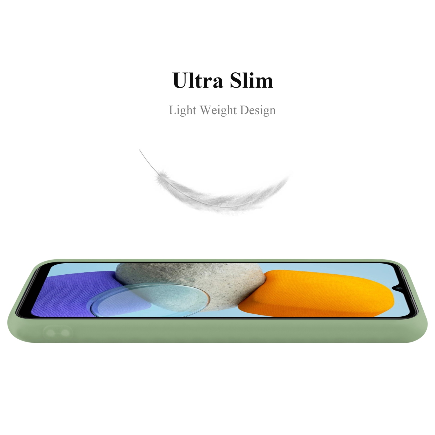 Una custodia per telefono con un telefono all'interno su sfondo bianco. Testo: Ultra Slim, Light Weight Design.