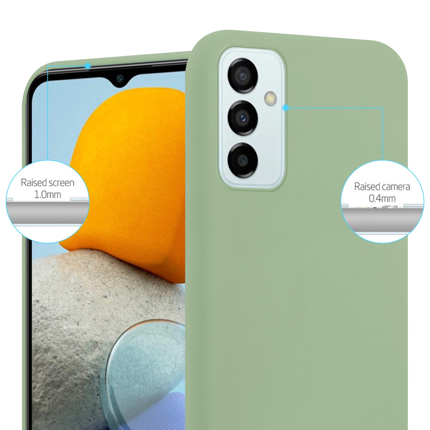 Una custodia per telefono in verde con un telefono viene mostrata. Primo piano con schermo rialzato e dettagli della fotocamera.