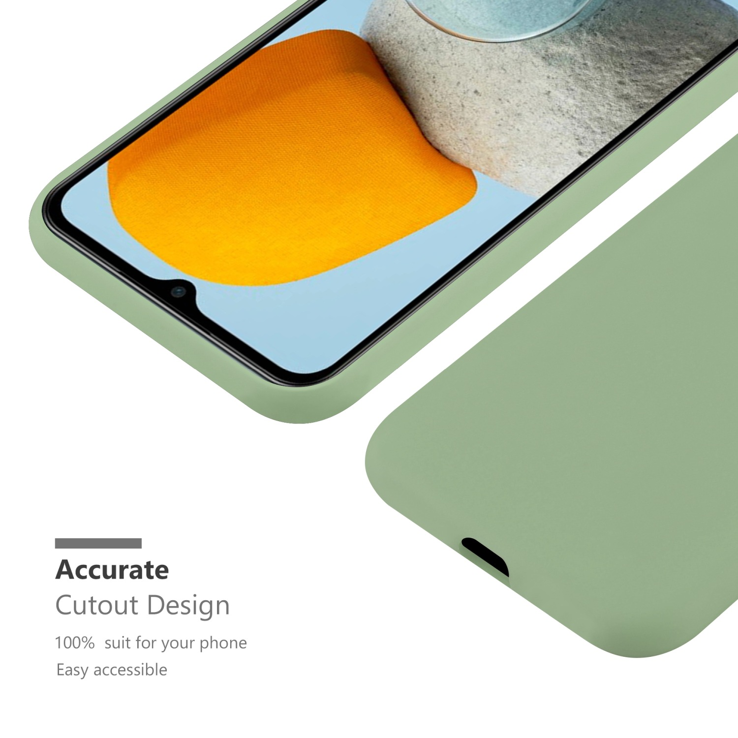 Custodia verde con telefono, la custodia è aperta e di lato.
