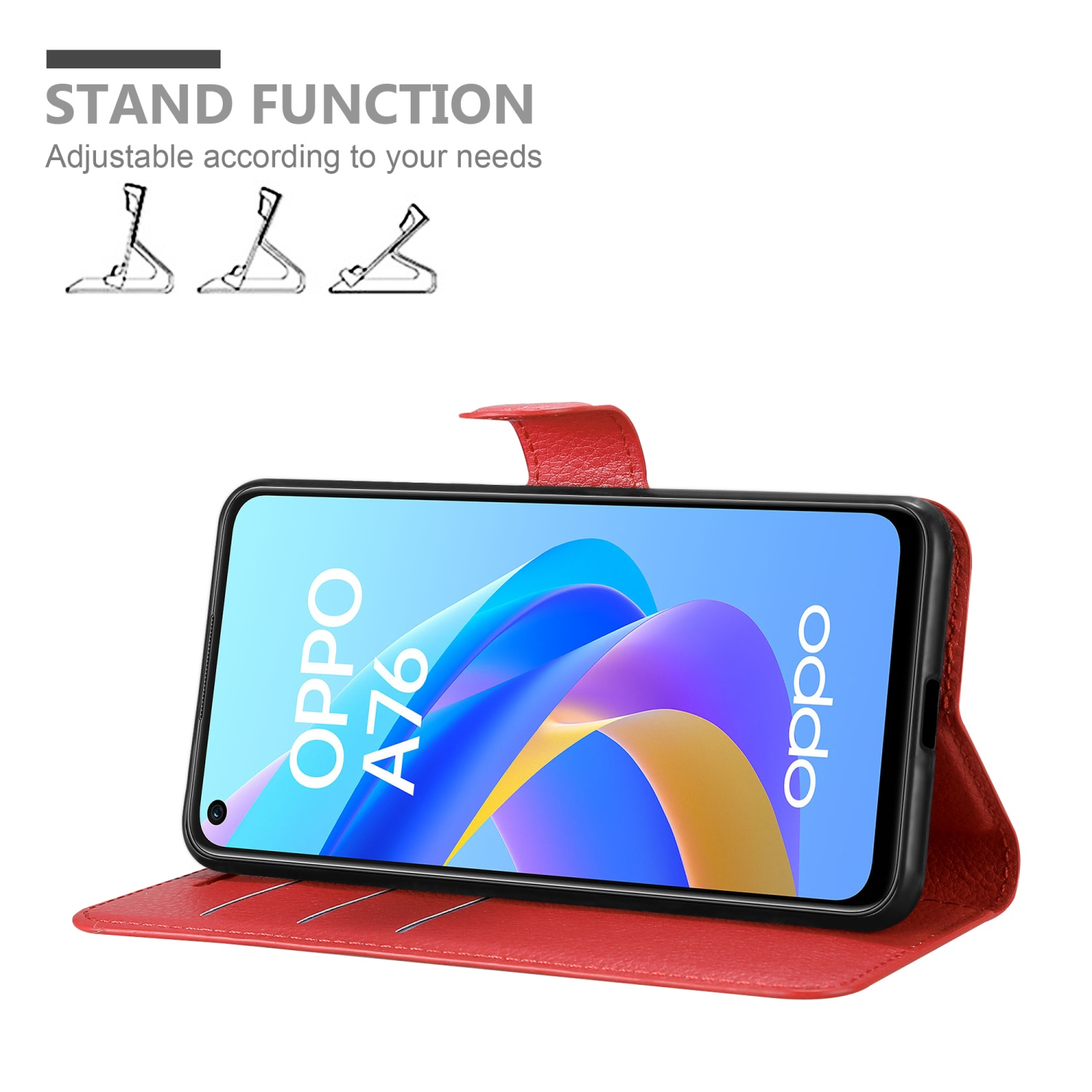 La custodia rossa del telefono si apre per mostrare il telefono. Il telefono è marchiato con il logo OPPO. Funzione supporto.