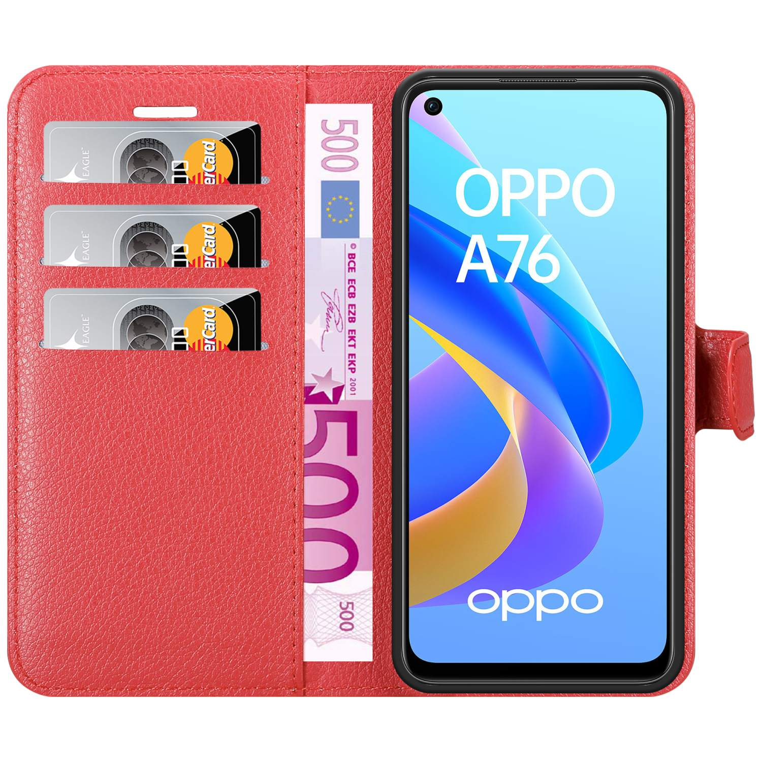 Custodia rossa per telefono con telefono, slot per schede e denaro.