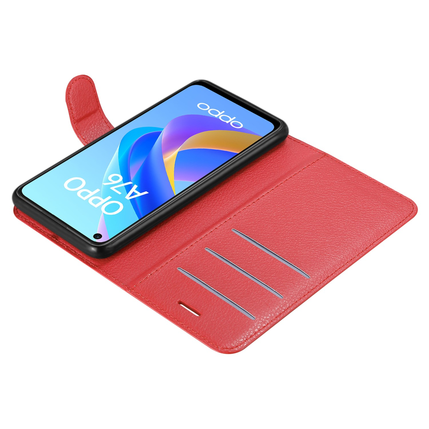 Custodia rossa per telefono con un telefono all'interno. Il telefono mostra il logo OPPO e il testo A76.