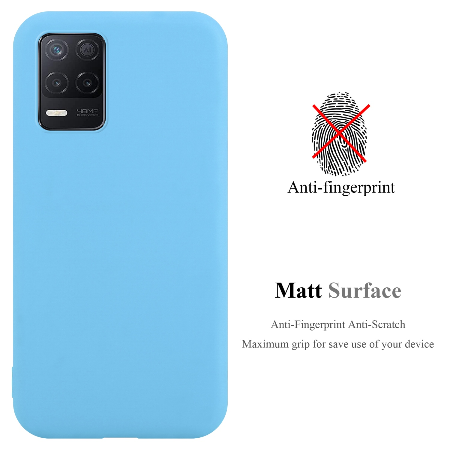Custodia per telefono azzurra con funzioni anti-impronta e antigraffio, su sfondo bianco.