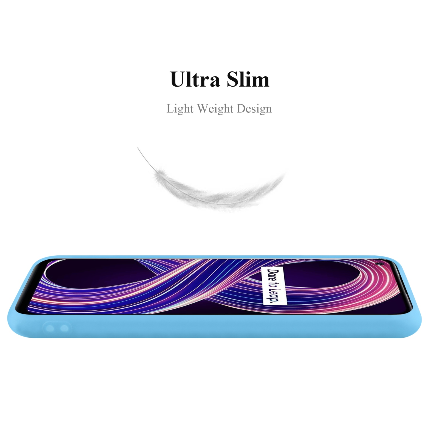 Custodia per telefono azzurra con telefono all'interno. Piuma bianca fluttuante. Testo: Ultra Slim, Light Weight Design.