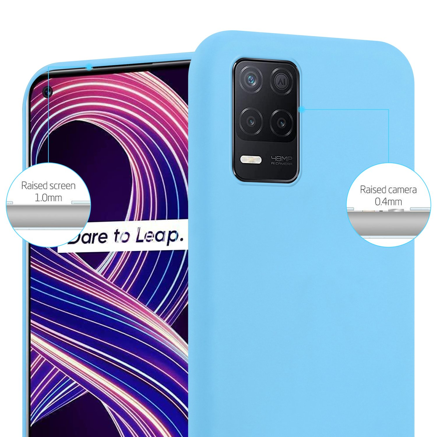 Primo piano di una custodia per telefono blu. Mostra il retro del telefono. Sfondo blu. Testo e cerchi.