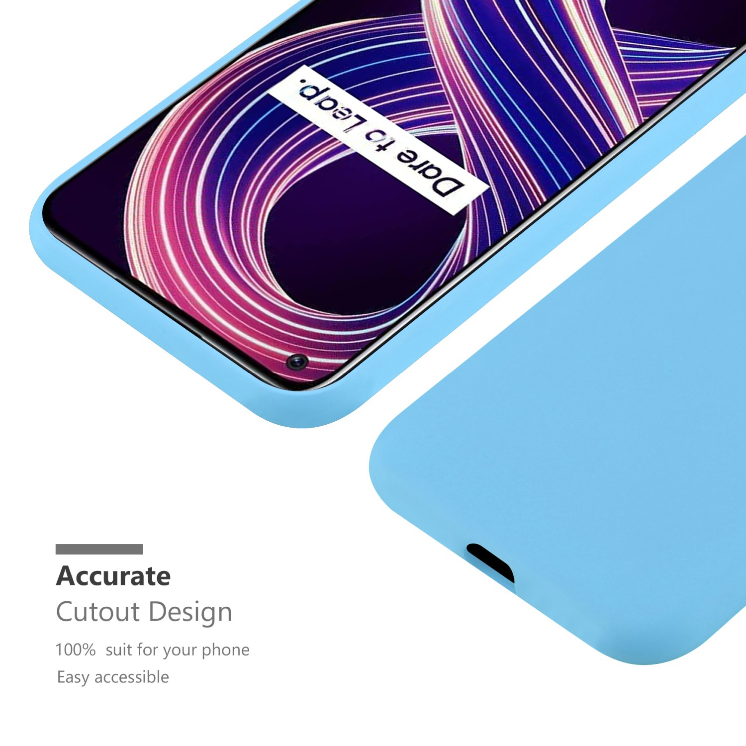 Custodia blu per telefono con telefono all'interno, lo schermo mostra 'Dare to leap'.