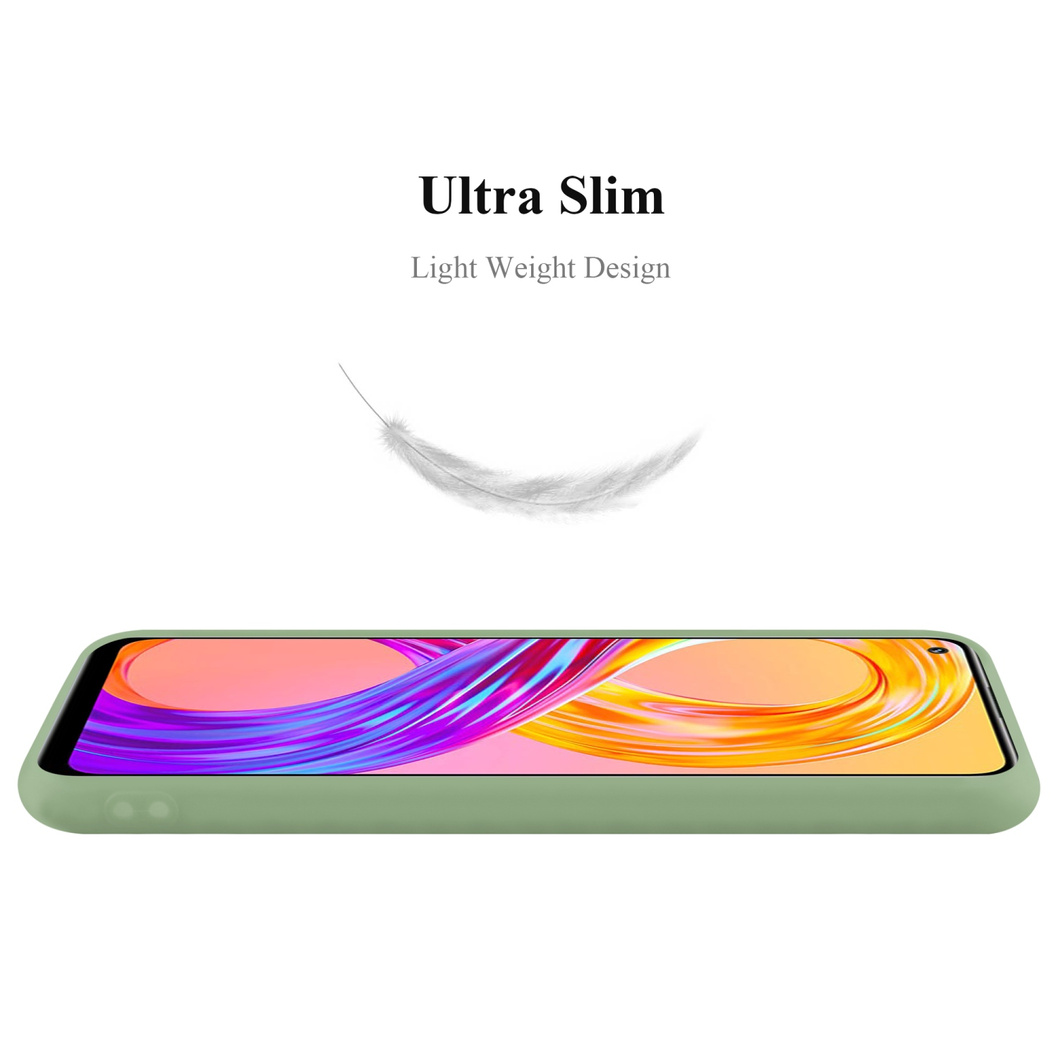 Grüne Handyhülle mit Telefon. Text: Ultra Slim, Light Weight Design. Telefon ist in der Hülle.