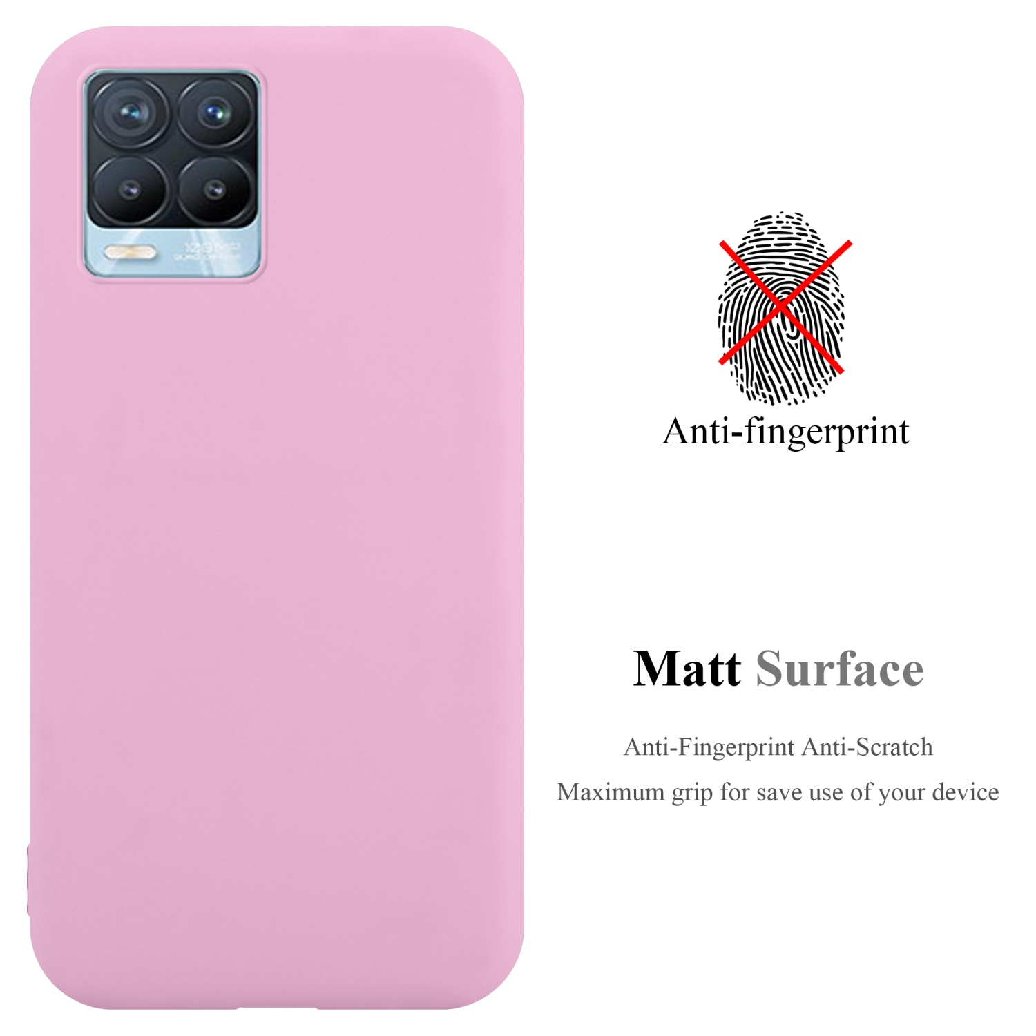 Rosa Handyhülle und Telefon. Text: Matt Surface, Anti-Fingerprint. Anti-Kratzer.