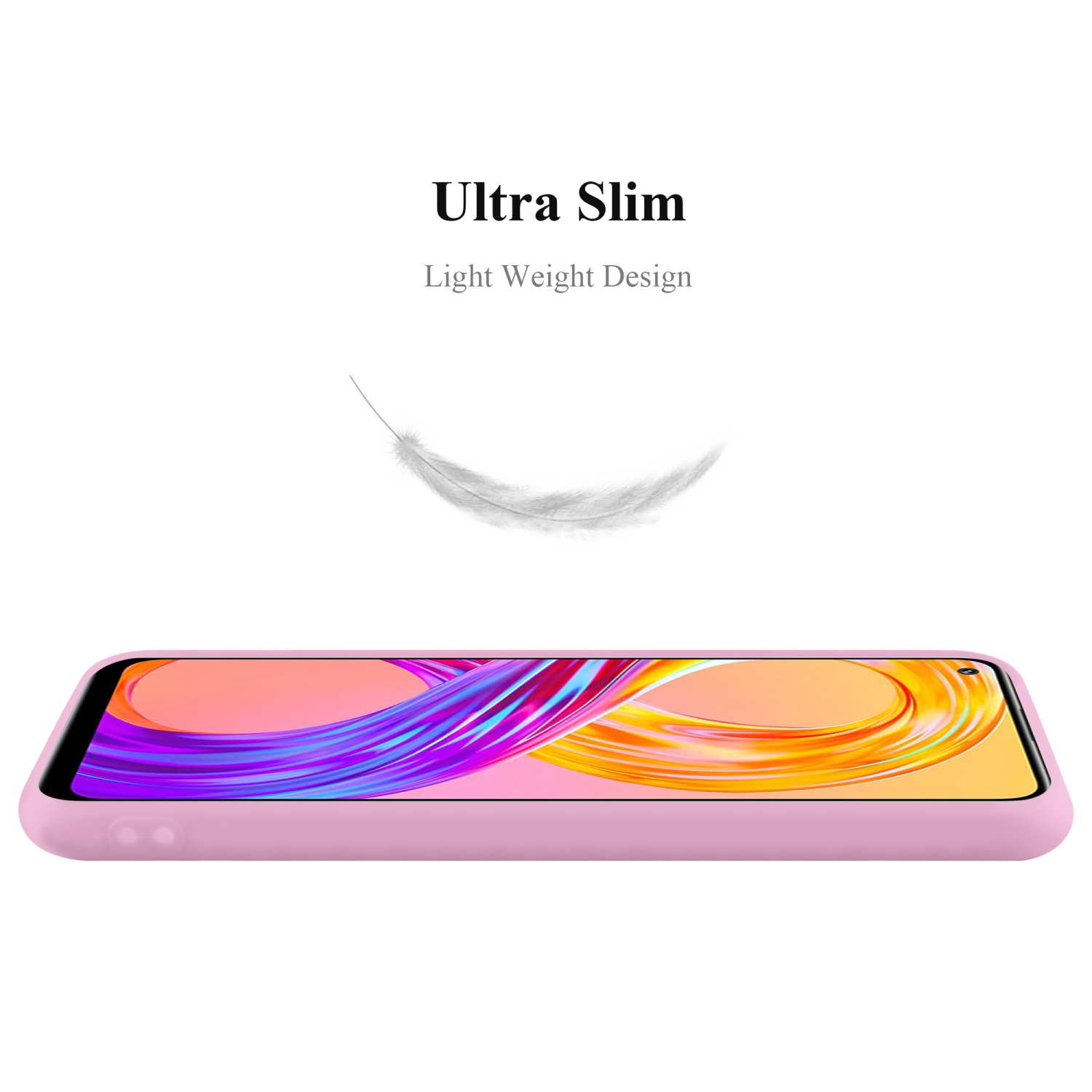 Eine rosa Handyhülle mit einem Telefon darin. Eine weiße Feder schwebt darüber.
