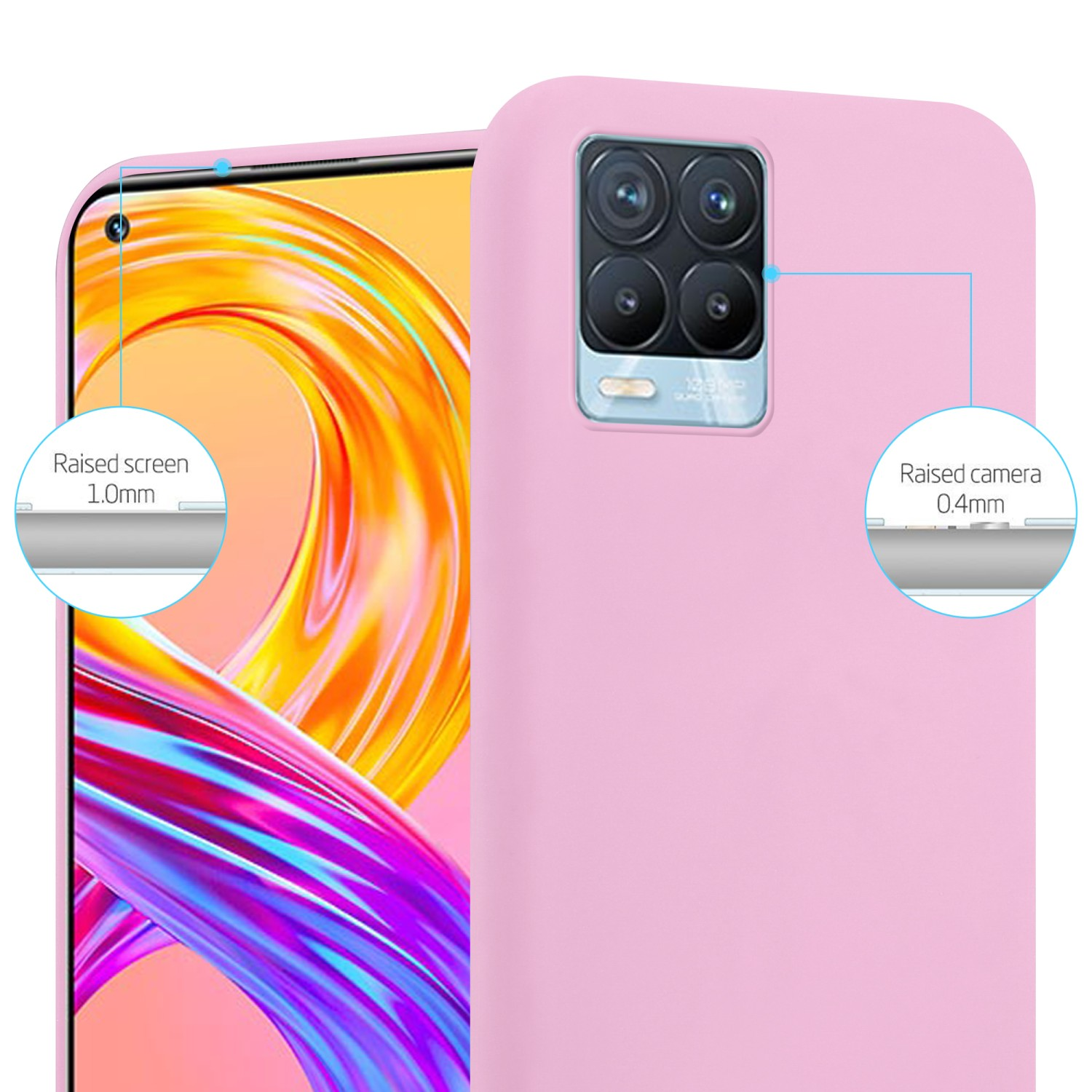 Rosa Handyhülle auf einem Telefon. Bildschirm und Kamera sind erhöht. Rosa Hülle auf weißer Oberfläche.