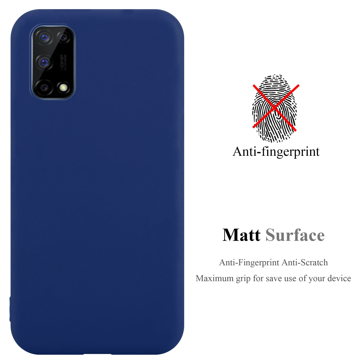 Dunkelblaue Handyhülle mit Telefon. Die Hülle ist Anti-Fingerabdruck und matt.