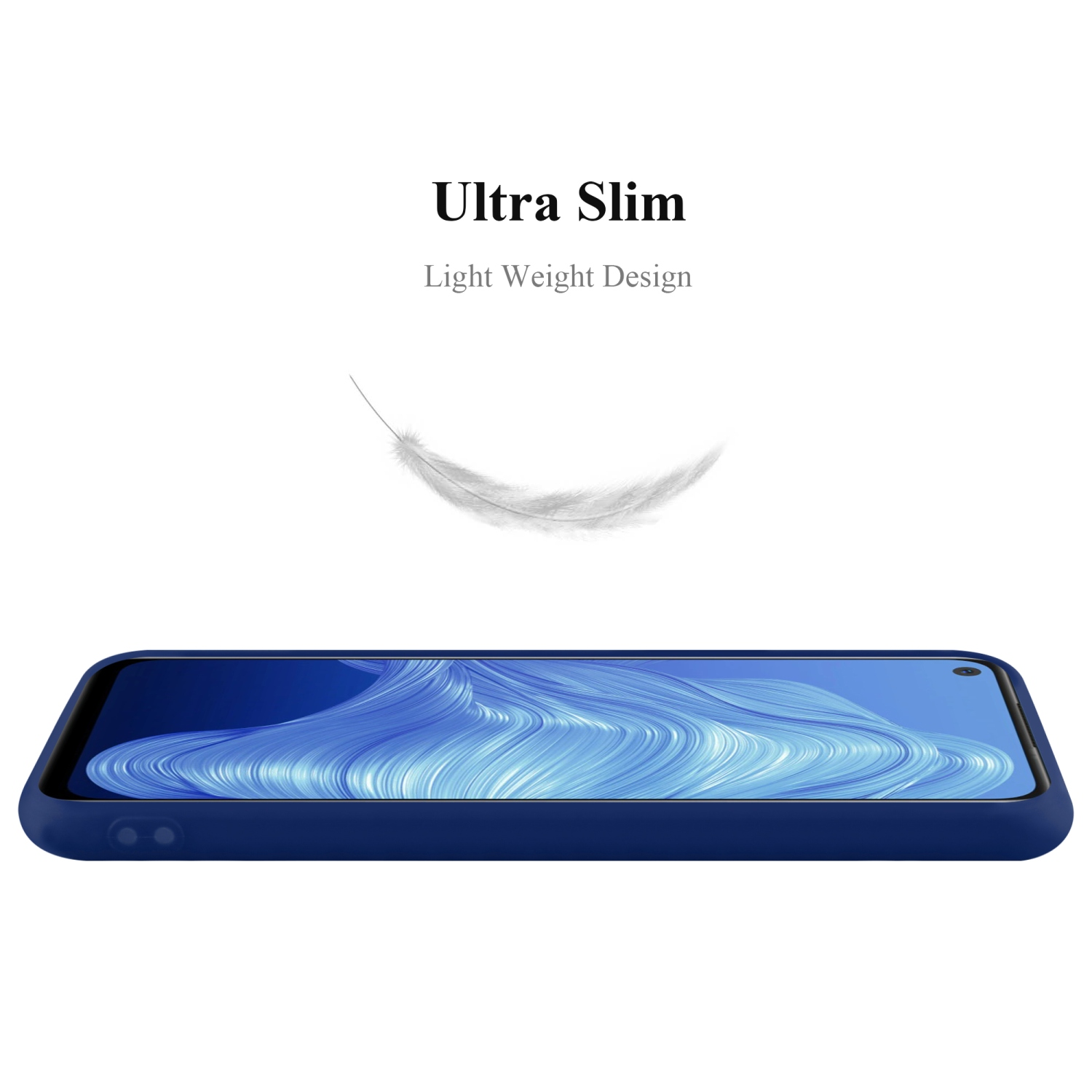 Blaue Handyhülle, Draufsicht. Text: Ultra Slim, Light Weight Design. Weißer Hintergrund.